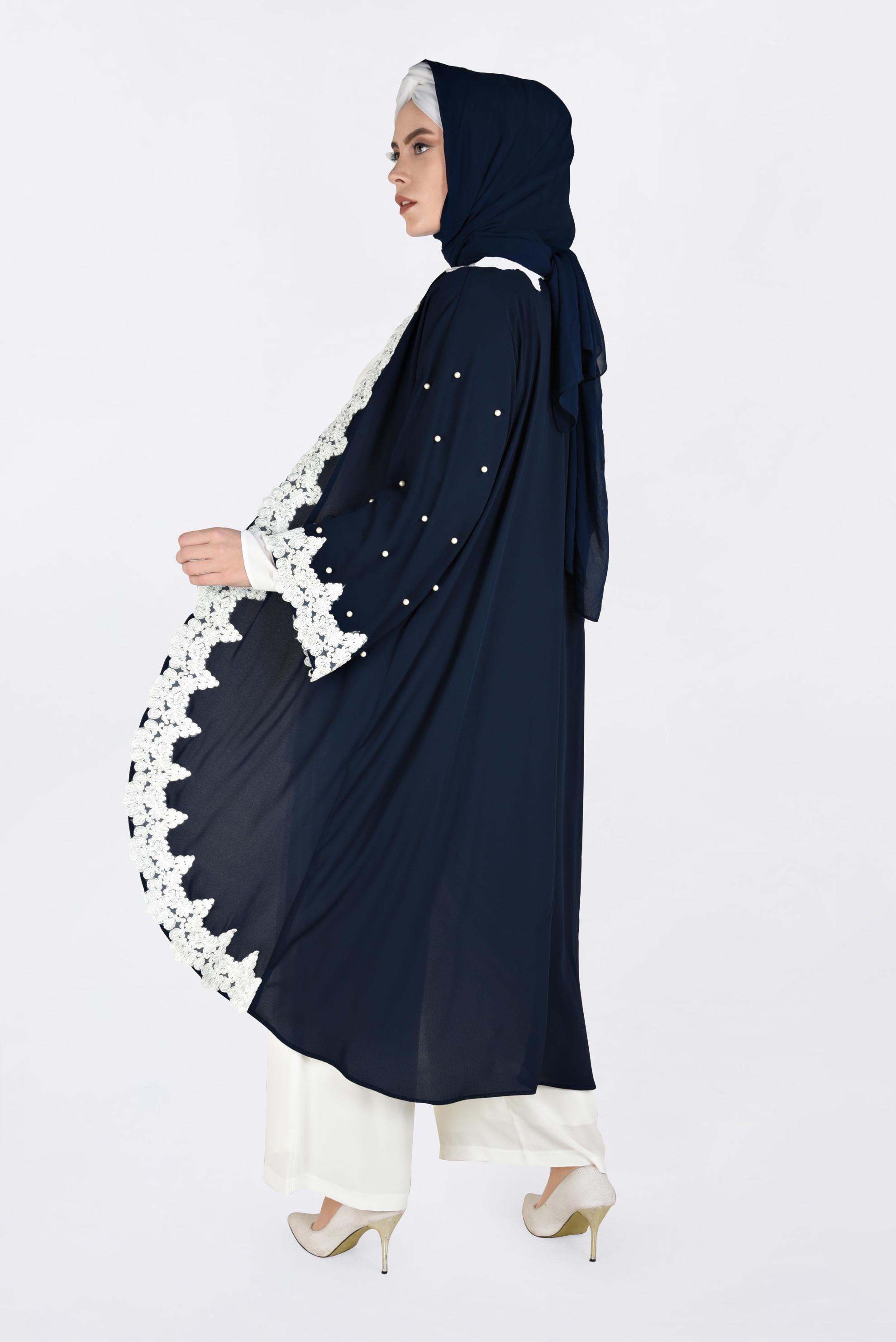 Tesettür giyim LACİVERT DANTEL DETAYLI 3&prime;LÜ PANTOLONLU ABİYE 5465