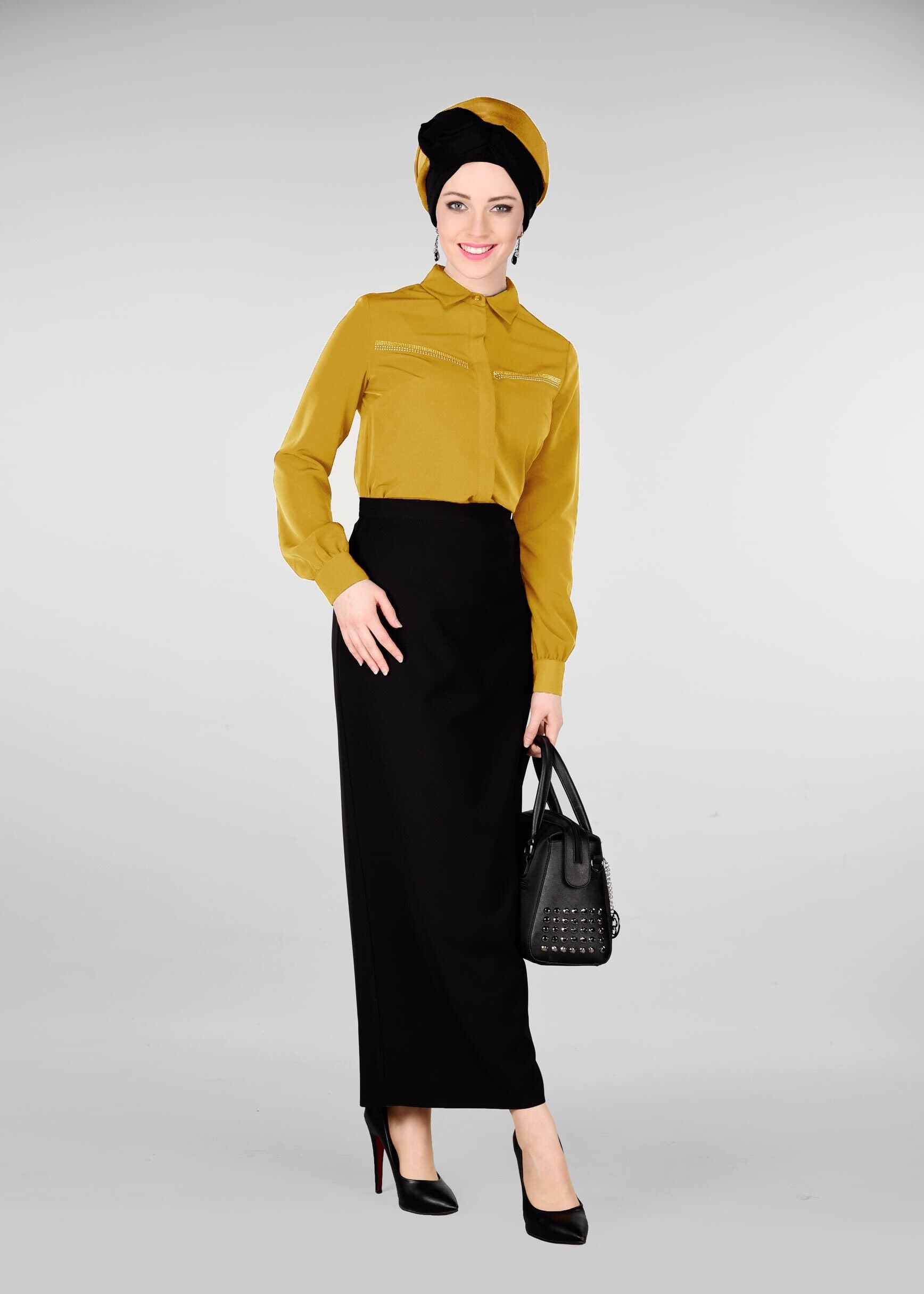 Tesettür giyim SARI TAŞ BASKILI BLUZ 4001