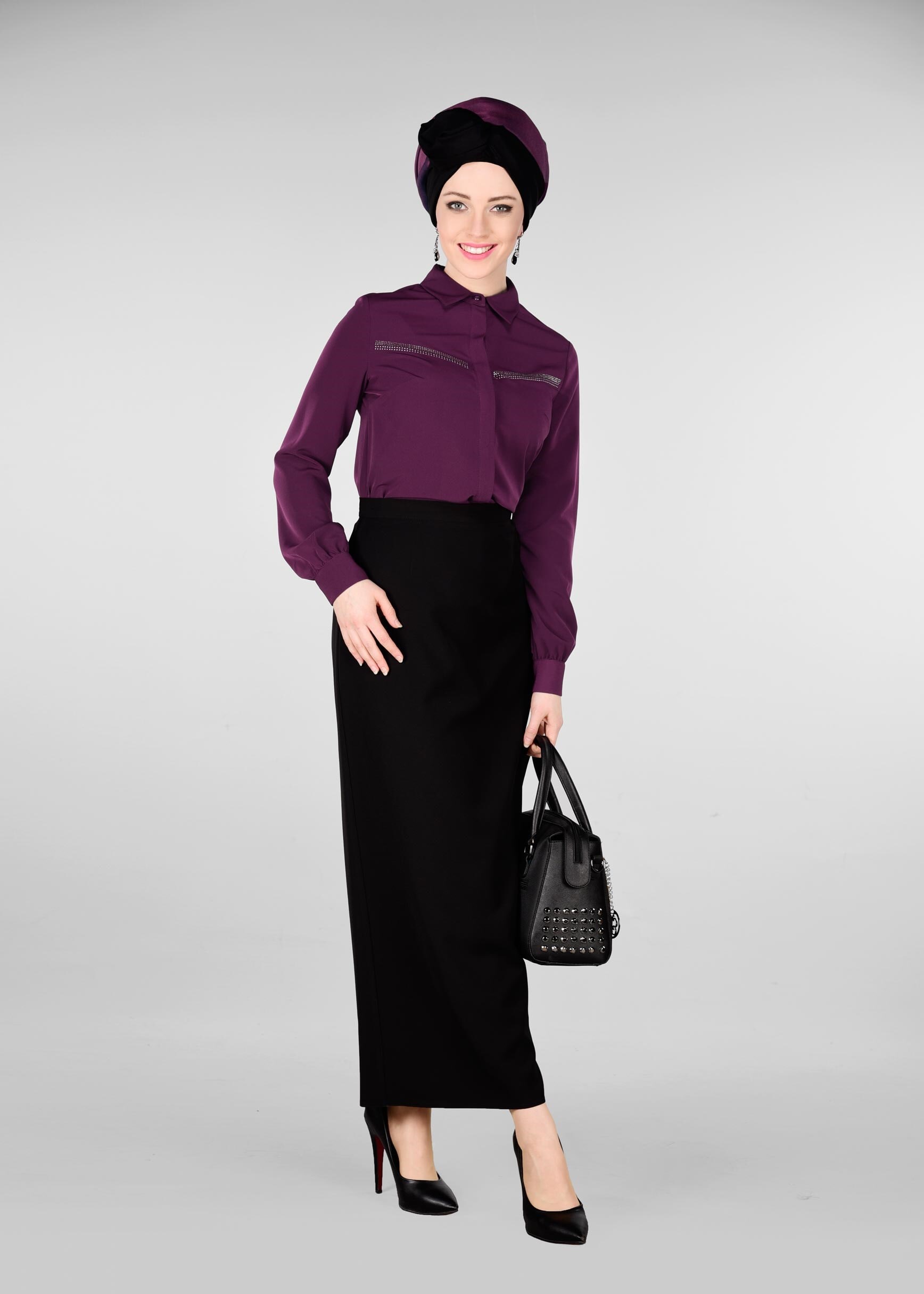 Tesettür giyim MÜRDÜM TAŞ BASKILI BLUZ 4001