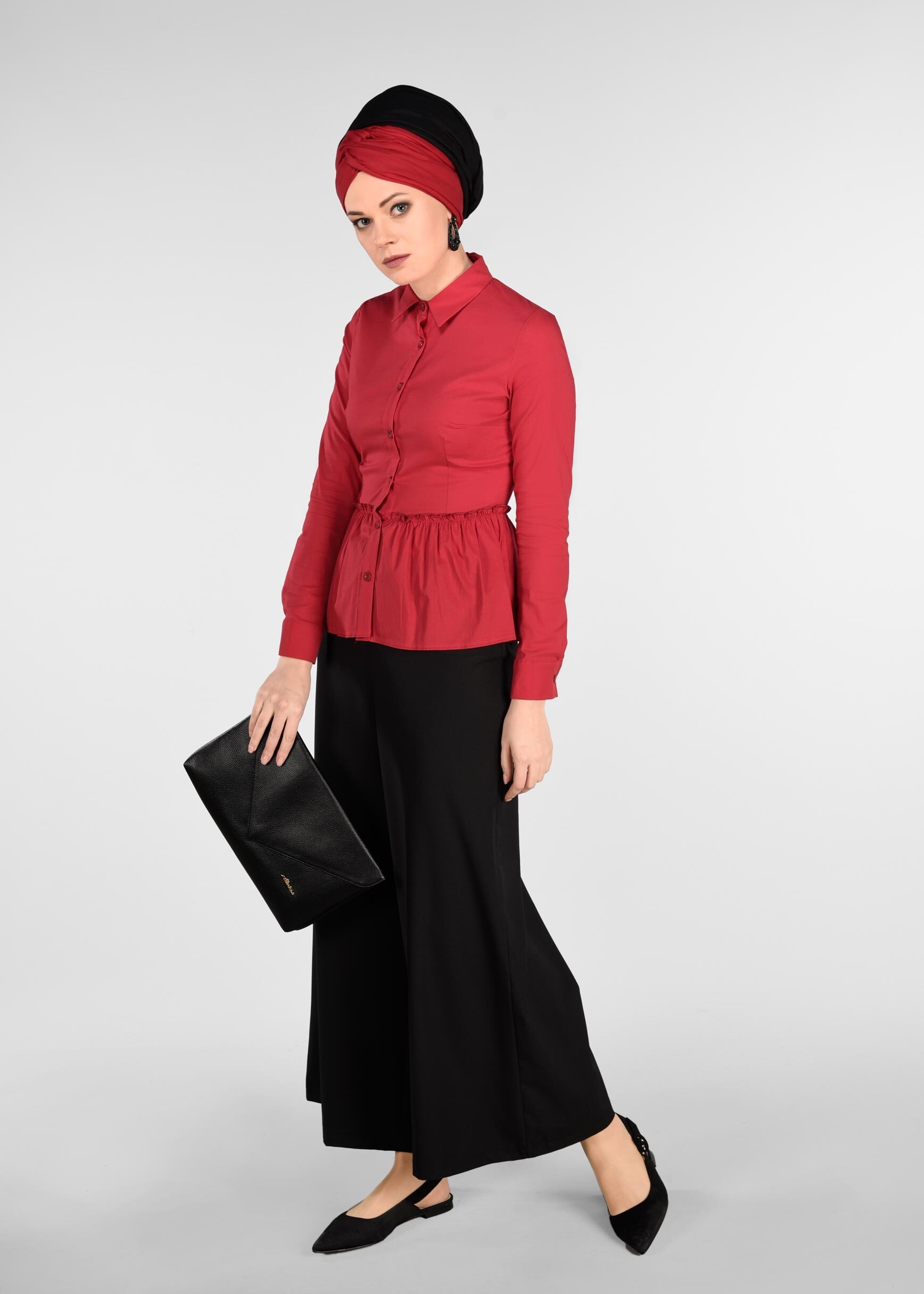 Tesettür giyim KIRMIZI PİLİSELİ DÜĞMELİ BLUZ 4004