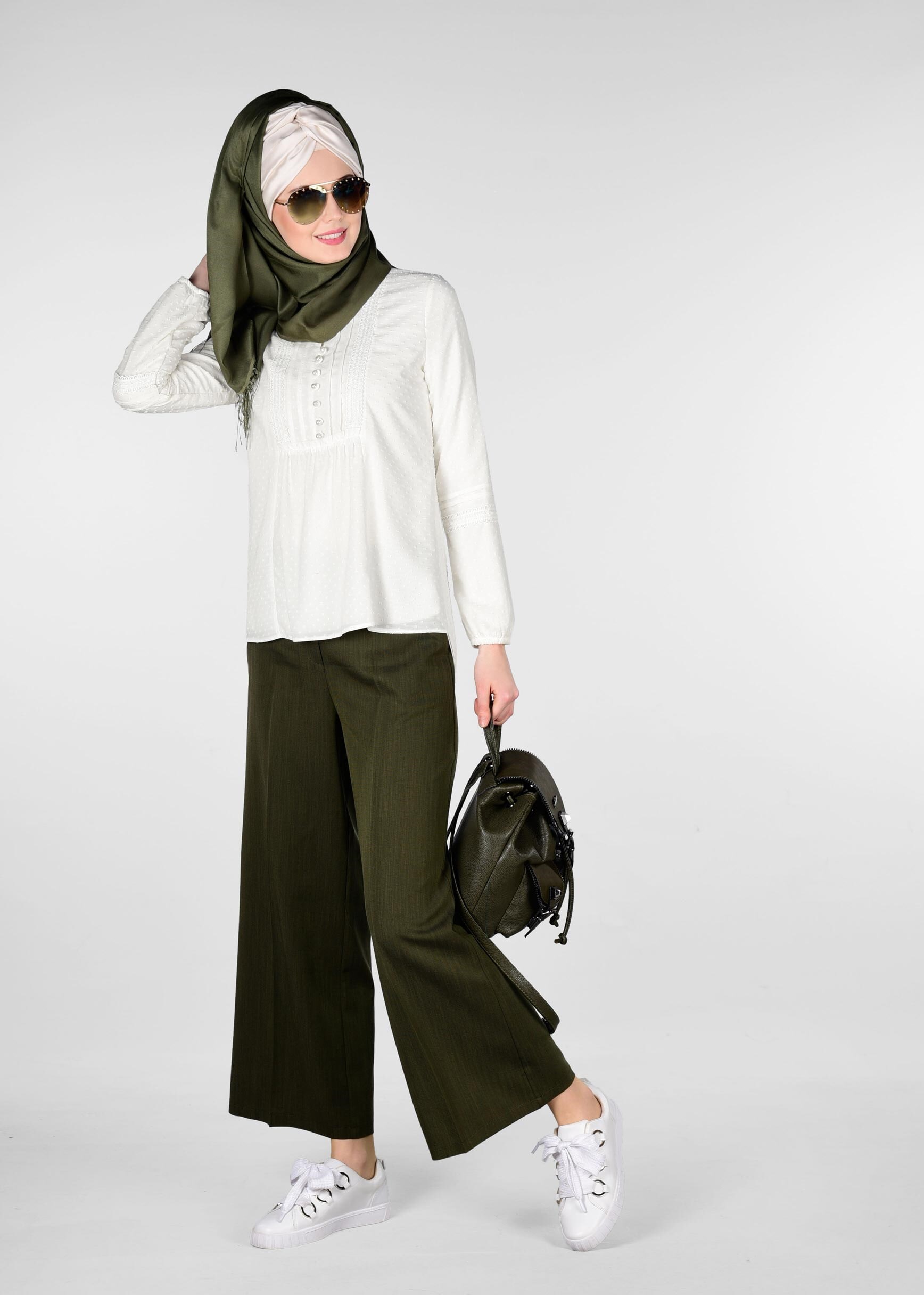 Tesettür giyim BEYAZ DANTEL DETAYLI DOKULU BLUZ 4029