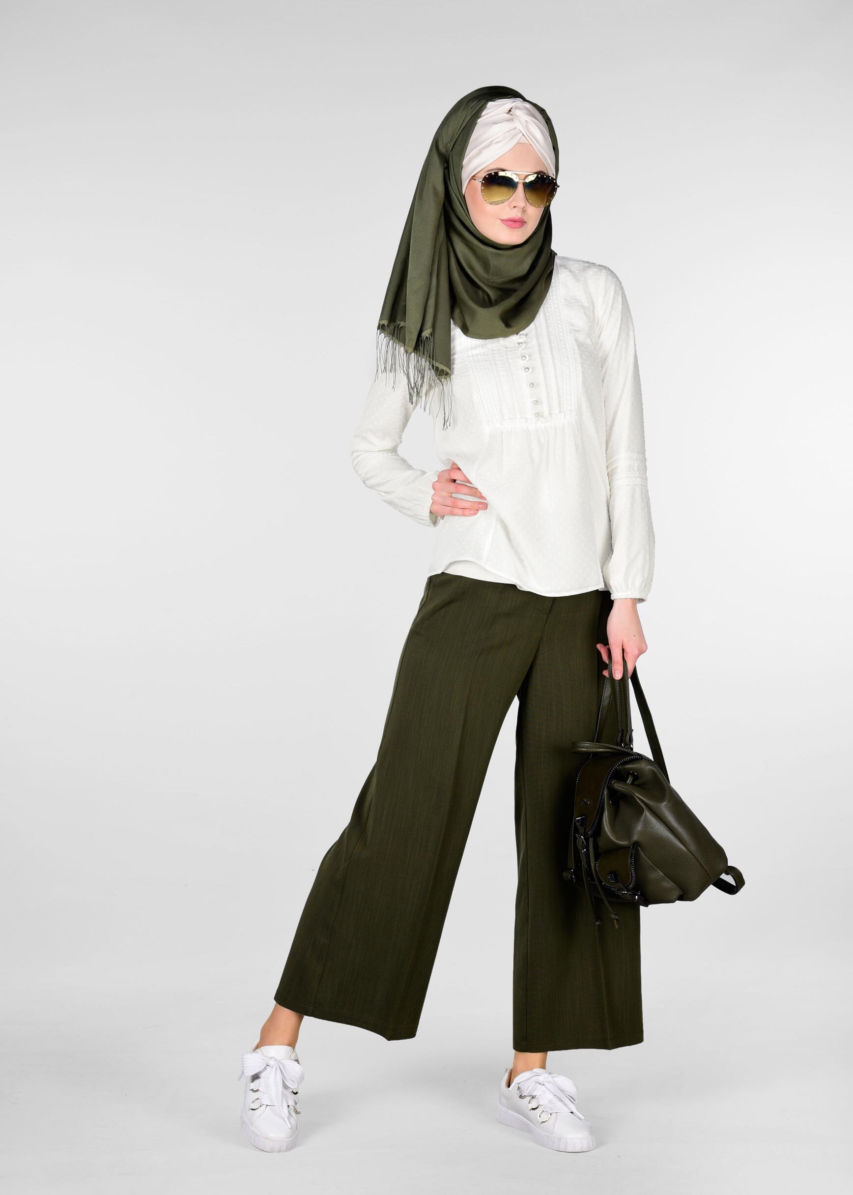 Tesettür giyim BEYAZ DANTEL DETAYLI DOKULU BLUZ 4029