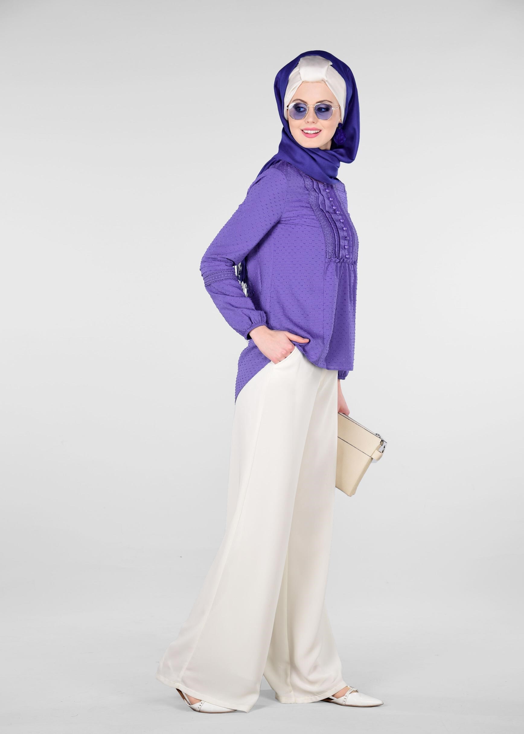 Tesettür giyim LACİVERT DANTEL DETAYLI DOKULU BLUZ 4029