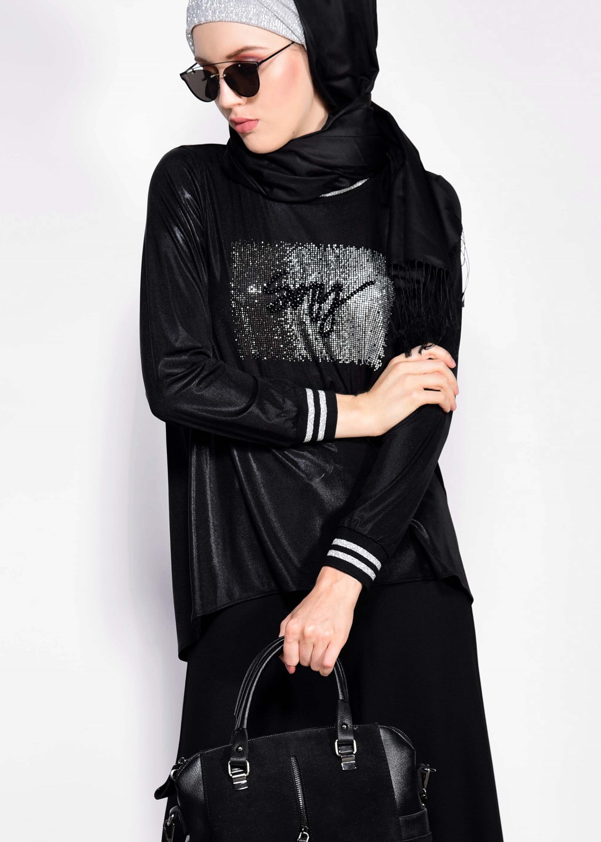 Tesettür giyim SİYAH KOL VE YAKASI LASTİKLİ BLUZ 4079