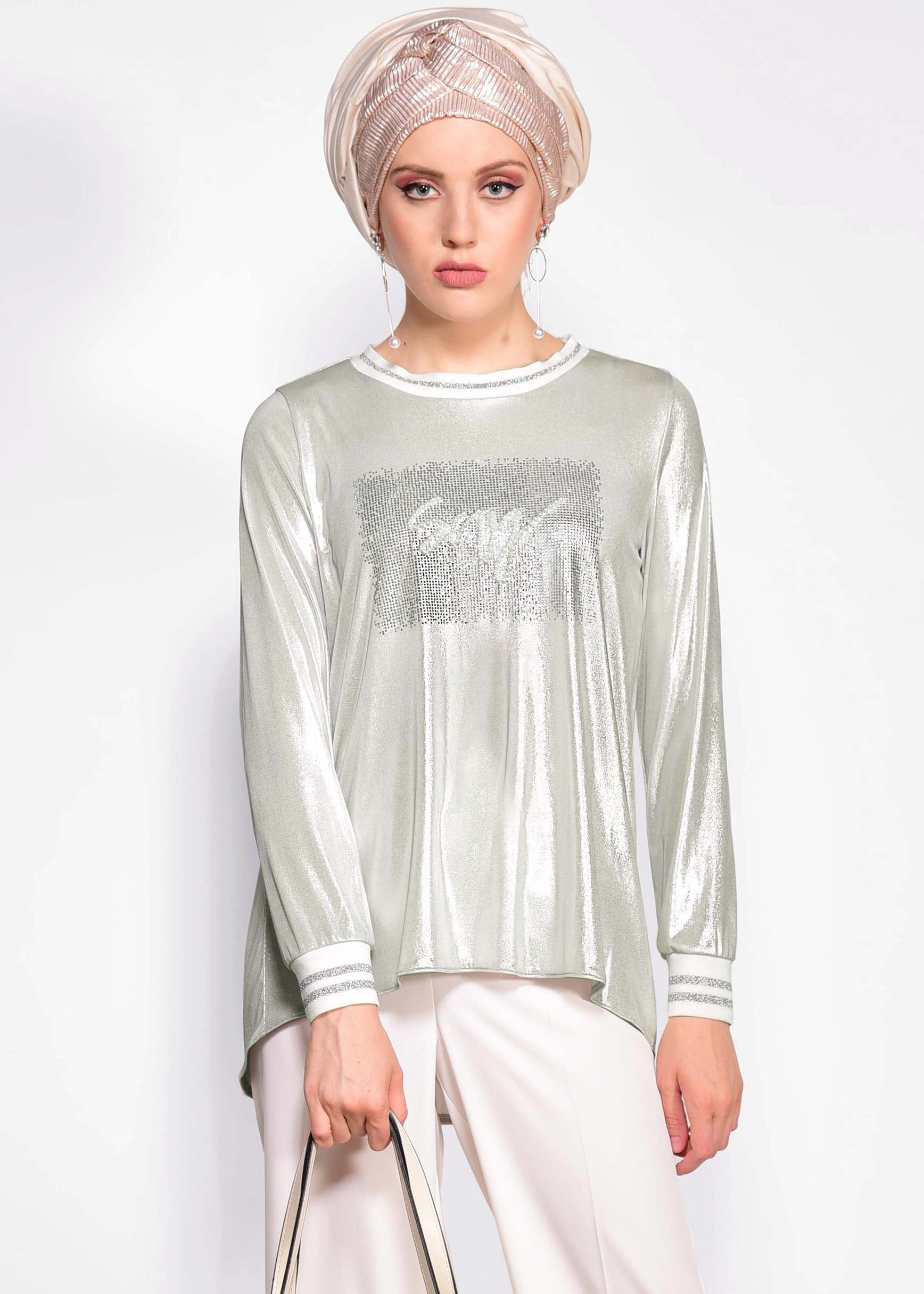 Tesettür giyim BEYAZ KOL VE YAKASI LASTİKLİ BLUZ 4079