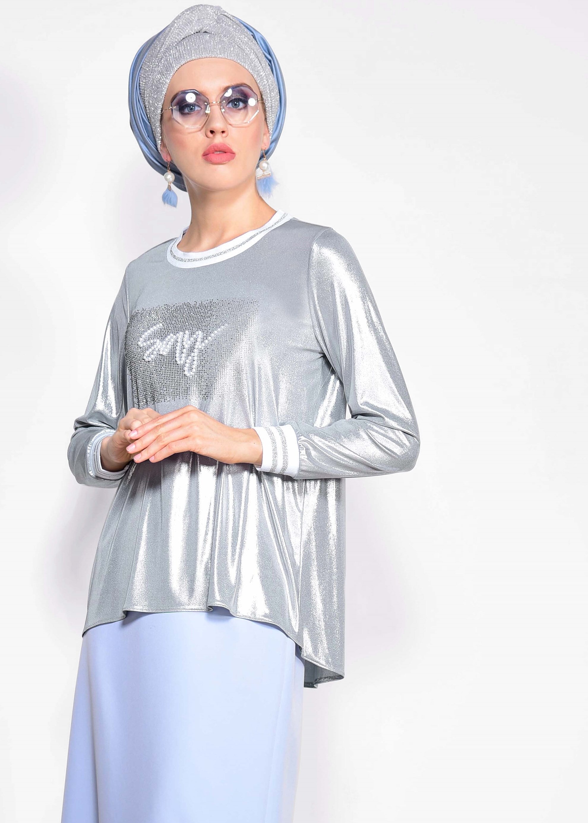 Tesettür giyim GÜMÜŞ KOL VE YAKASI LASTİKLİ BLUZ 4079
