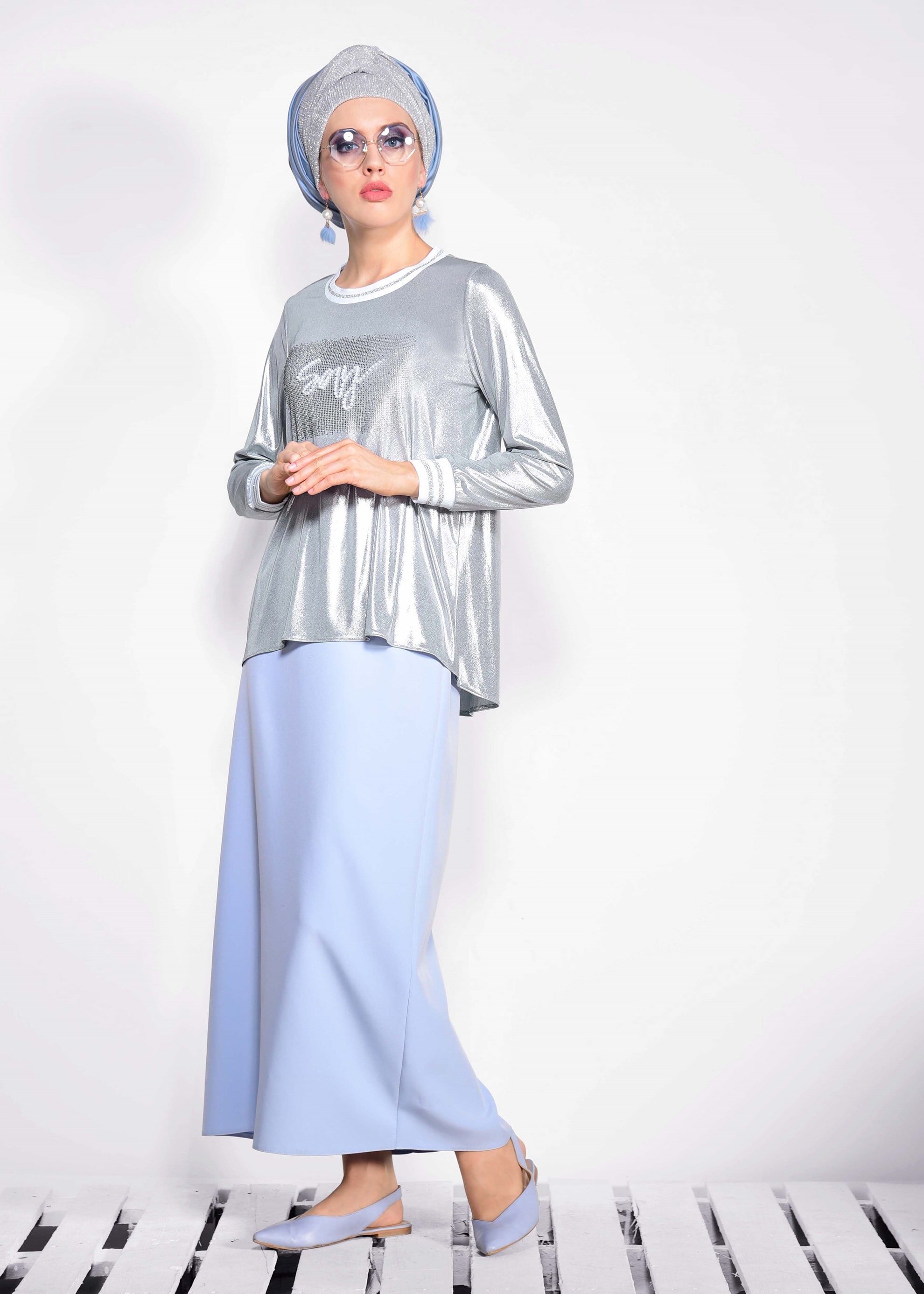 Tesettür giyim GÜMÜŞ KOL VE YAKASI LASTİKLİ BLUZ 4079