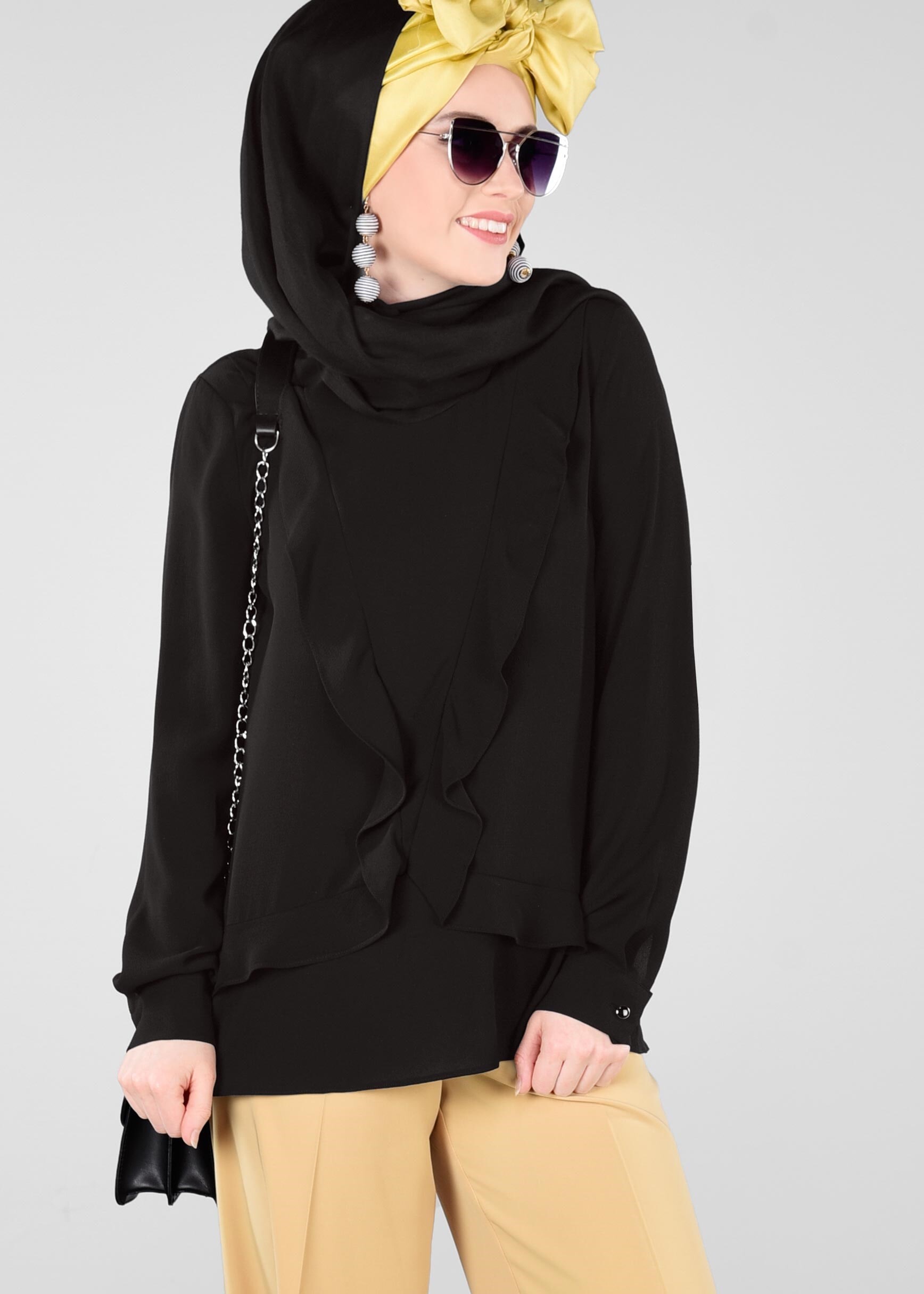 Tesettür giyim SİYAH FIRFIR DETAYLI BLUZ 4080