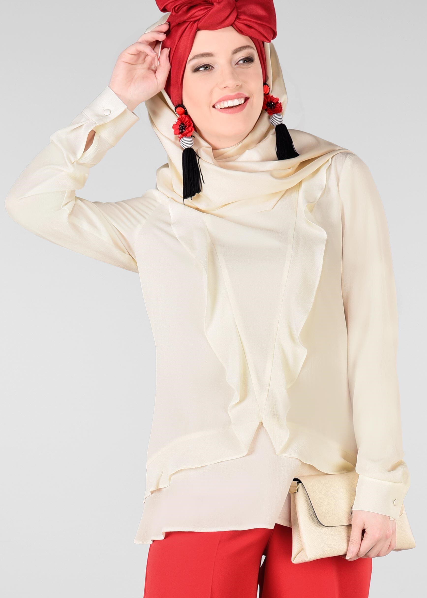 Tesettür giyim EKRU FIRFIR DETAYLI BLUZ 4080