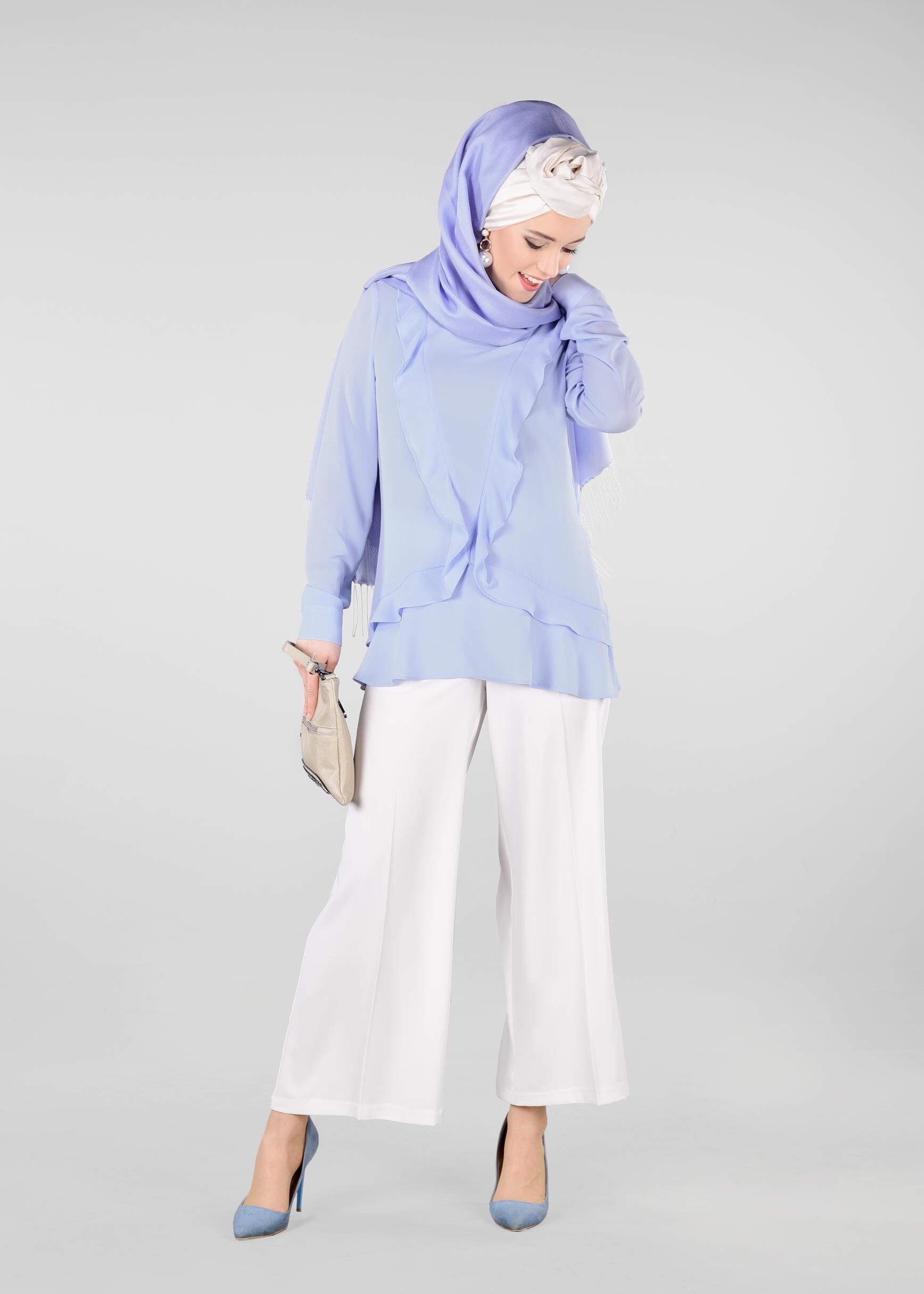 Tesettür giyim MAVİ FIRFIR DETAYLI BLUZ 4080