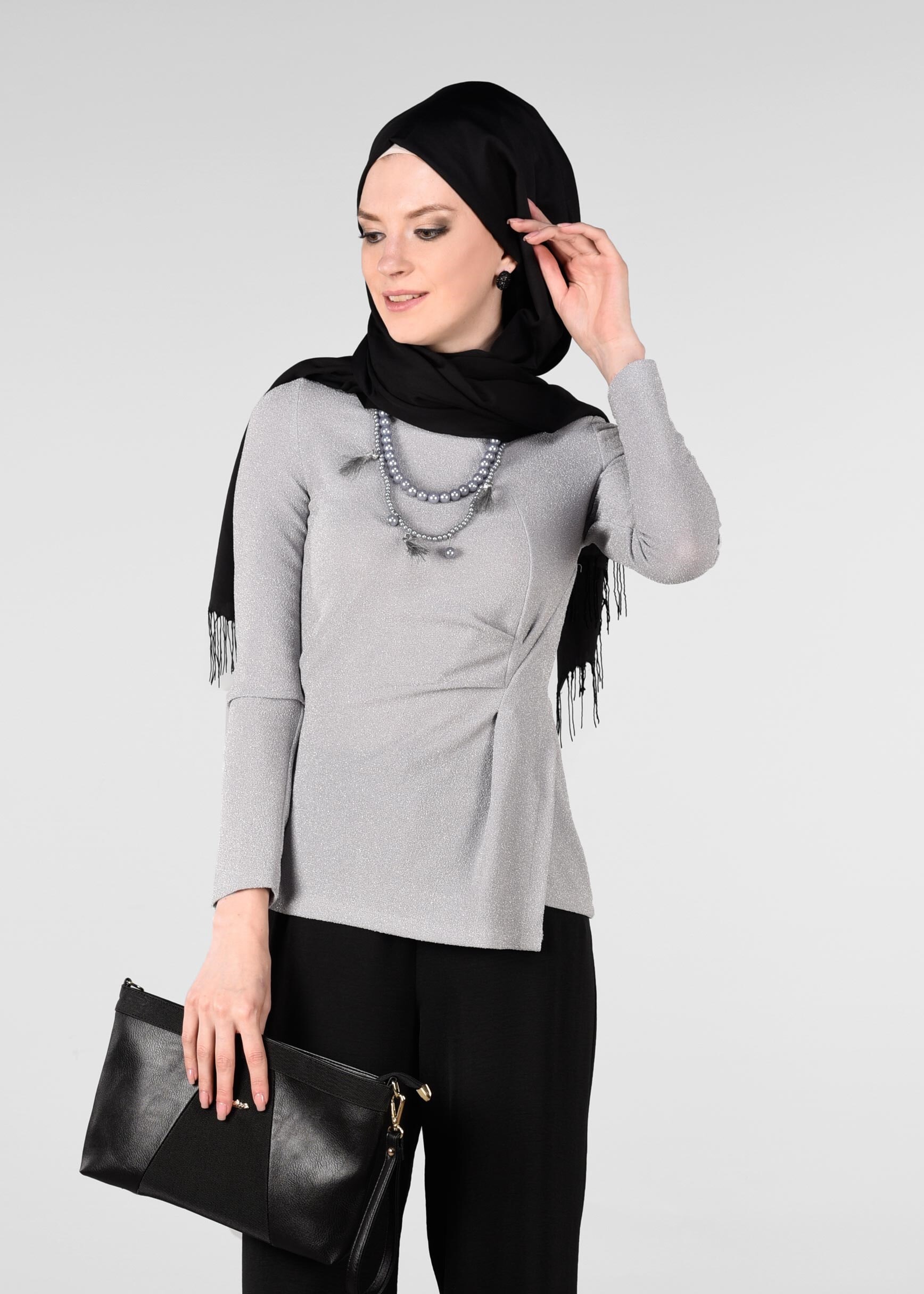 Tesettür giyim GRİ PARILTILI BLUZ 4081