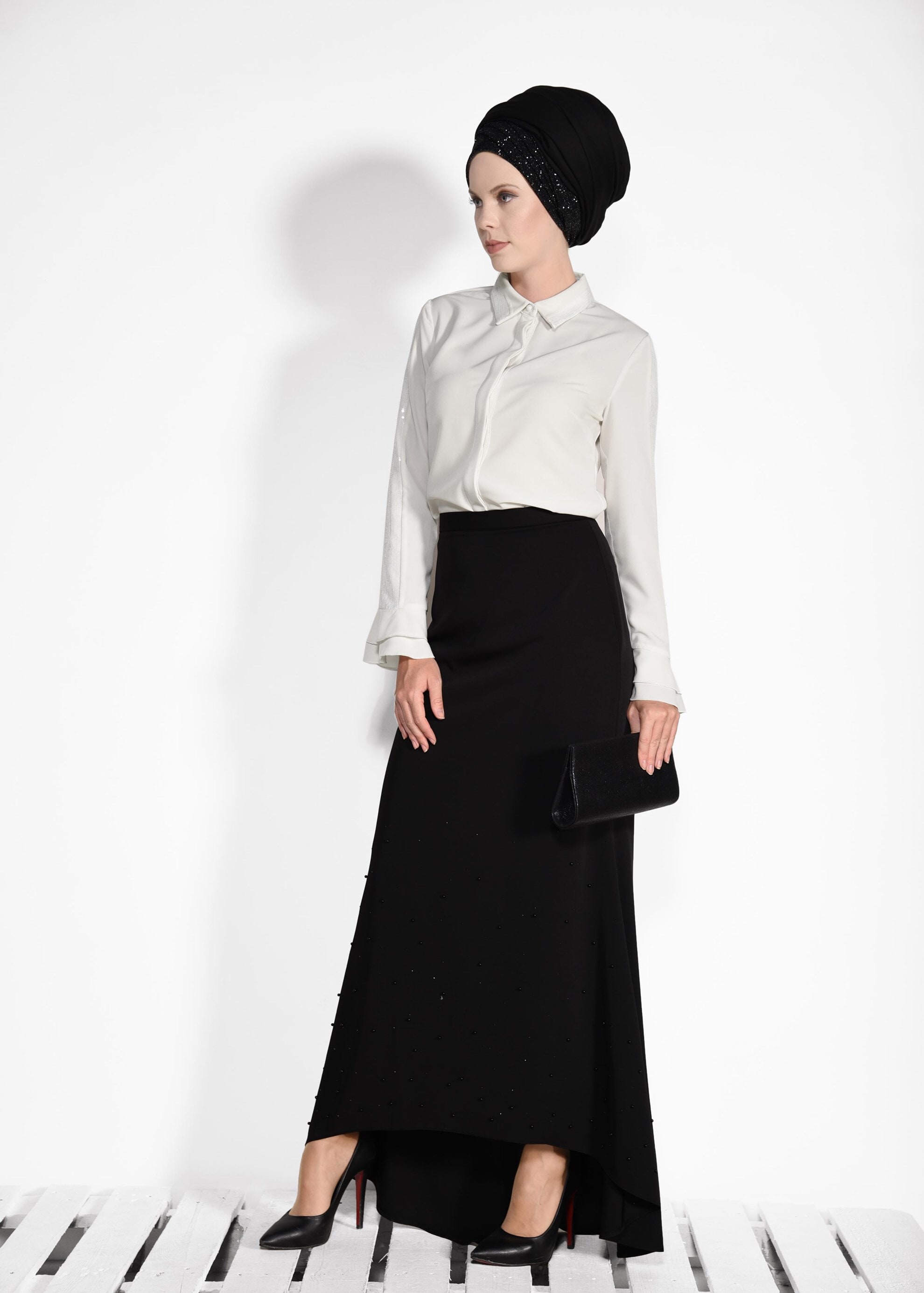 Tesettür giyim EKRU PUL PAYET DETAYLI BLUZ 4138