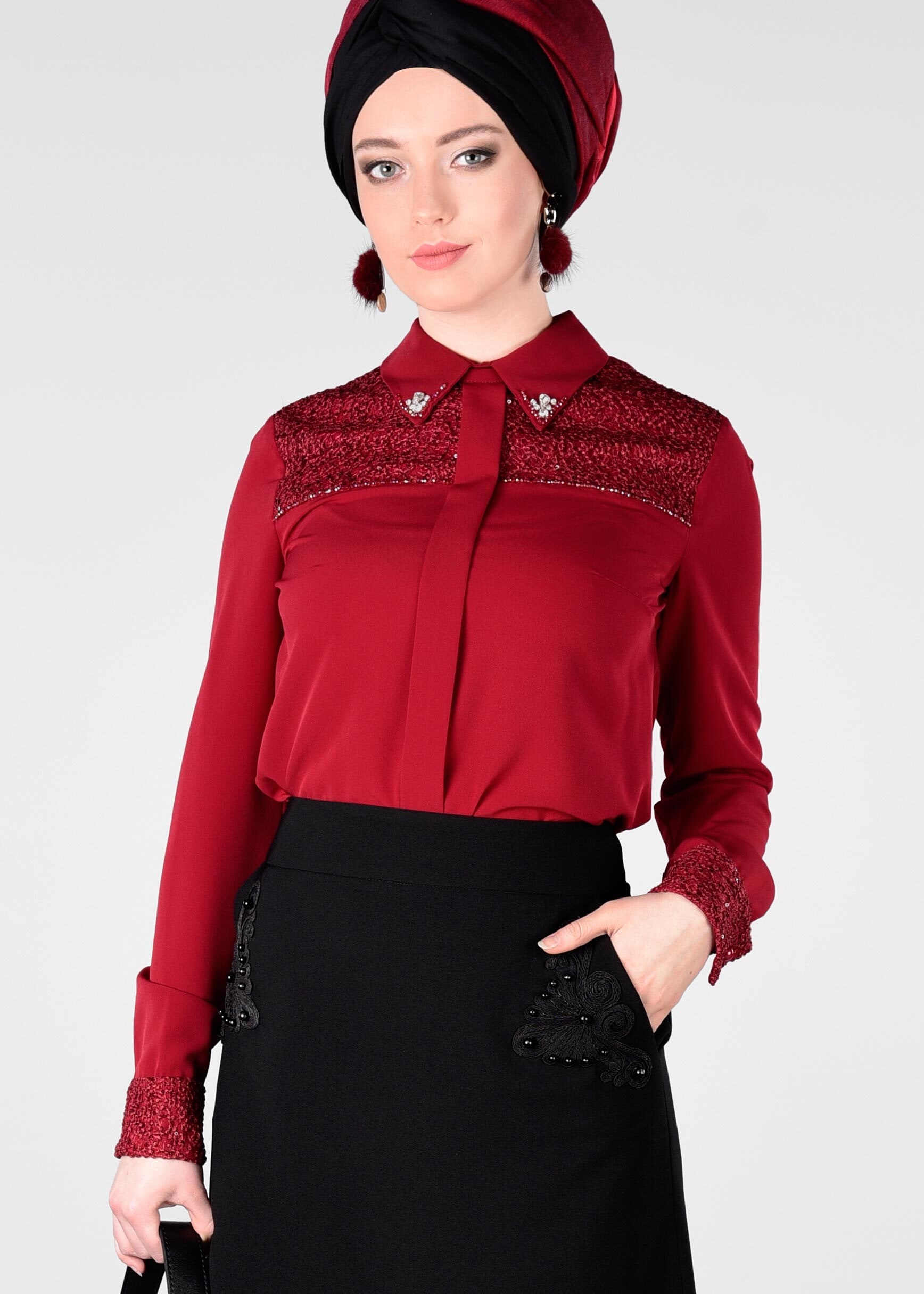 Tesettür giyim BORDO DOKULU SİVRİ YAKA BLUZ 4139