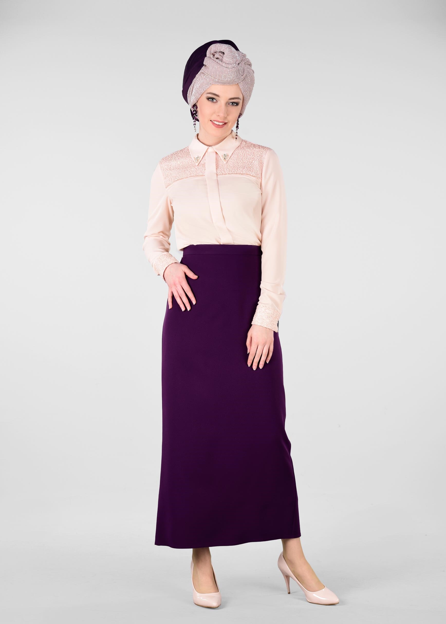 Tesettür giyim PUDRA DOKULU SİVRİ YAKA BLUZ 4139