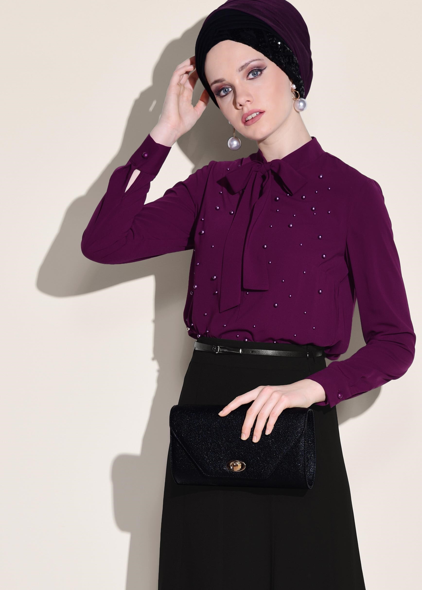 Tesettür giyim MOR FULARLI İNCİ İŞLEMELİ BLUZ 4155