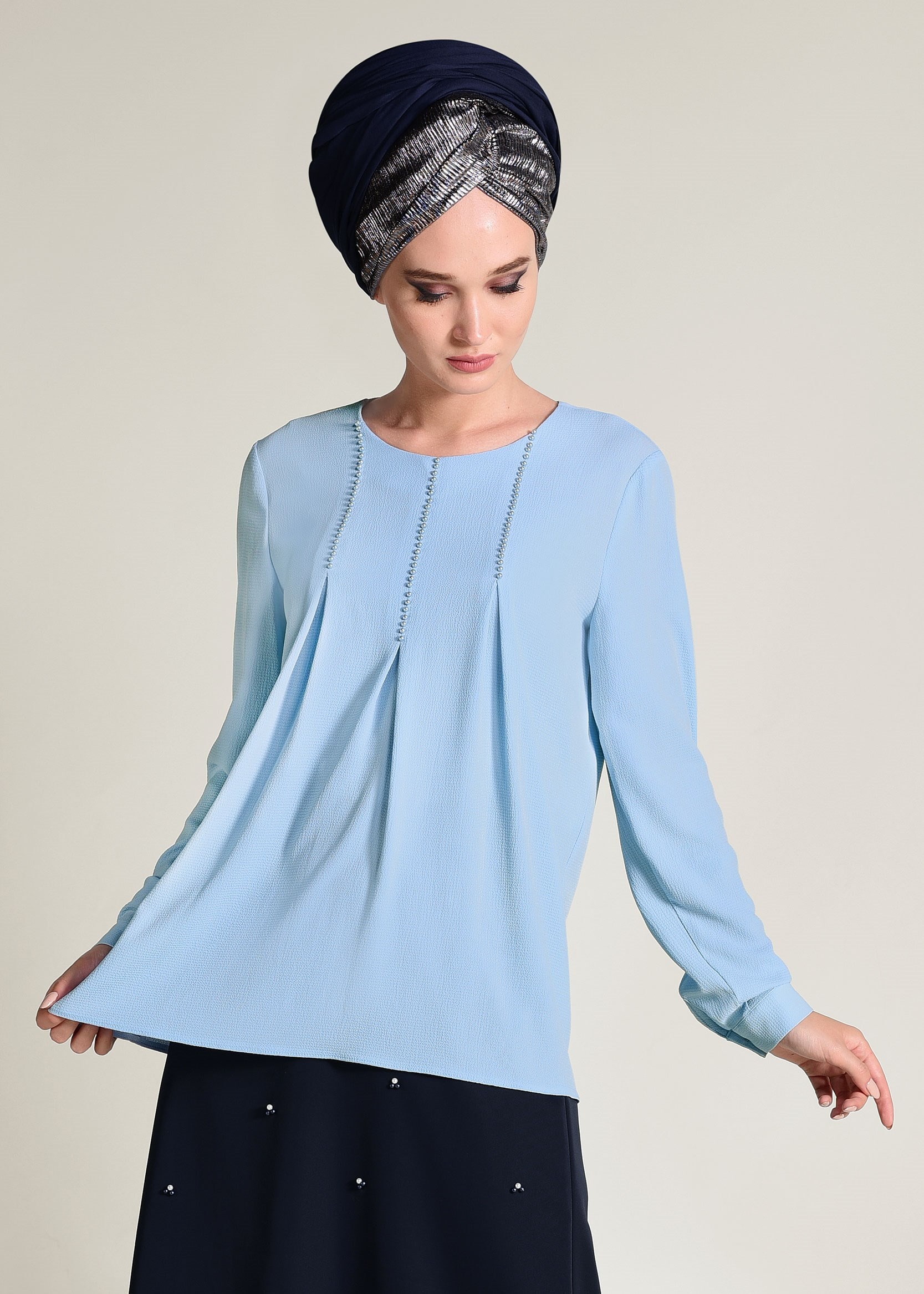 Tesettür giyim MAVİ İŞLEMELİ BLUZ 4184