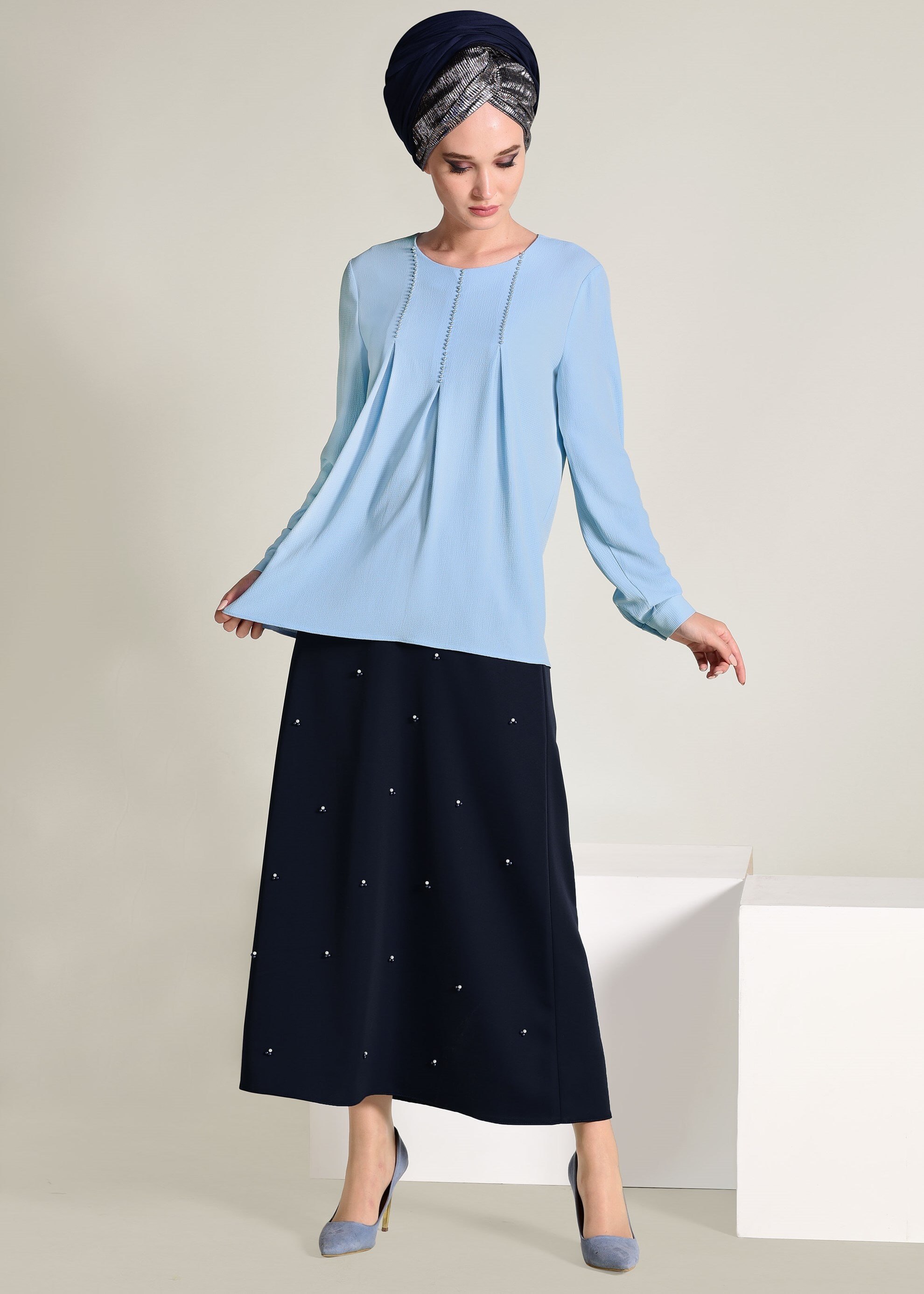 Tesettür giyim MAVİ İŞLEMELİ BLUZ 4184