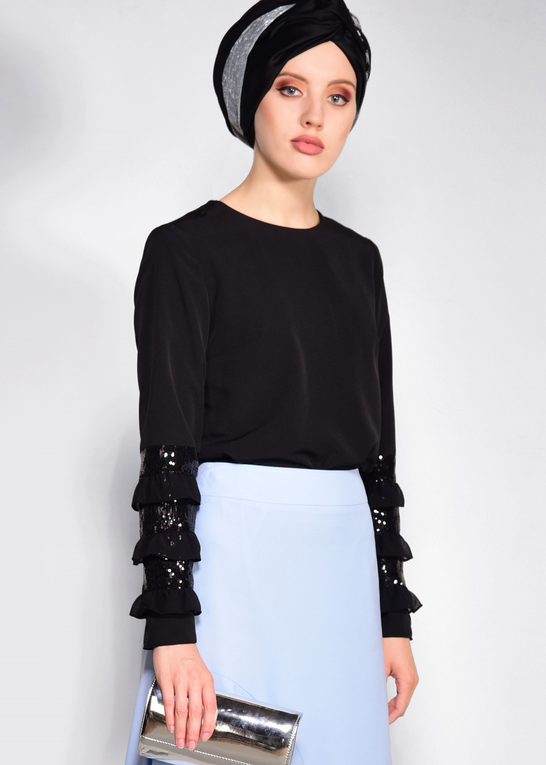 Tesettür giyim SİYAH KOL KISMI PUL PAYET İŞLEMELİ BLUZ 4205