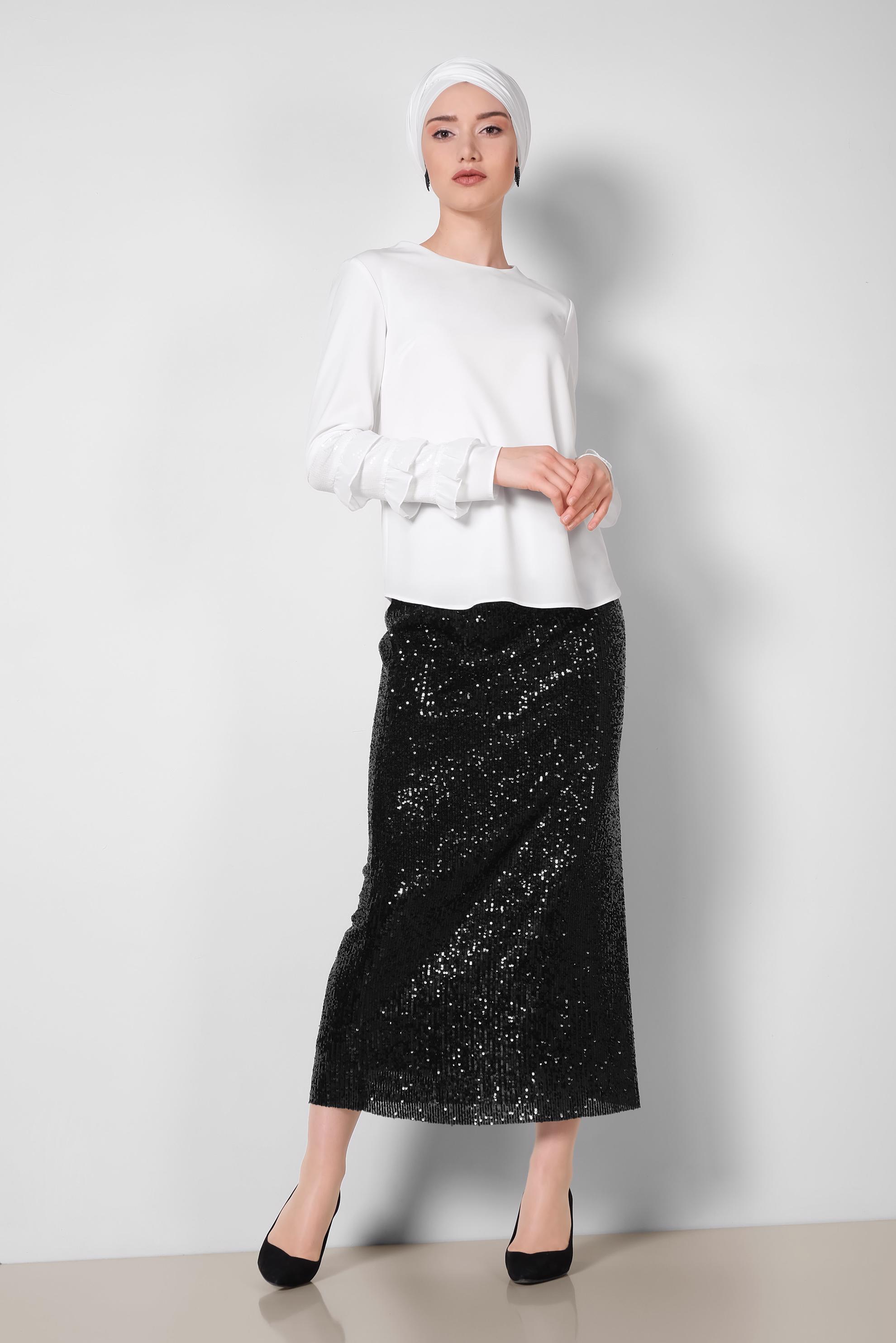 Tesettür giyim BEYAZ KOL KISMI PUL PAYET İŞLEMELİ BLUZ 4205