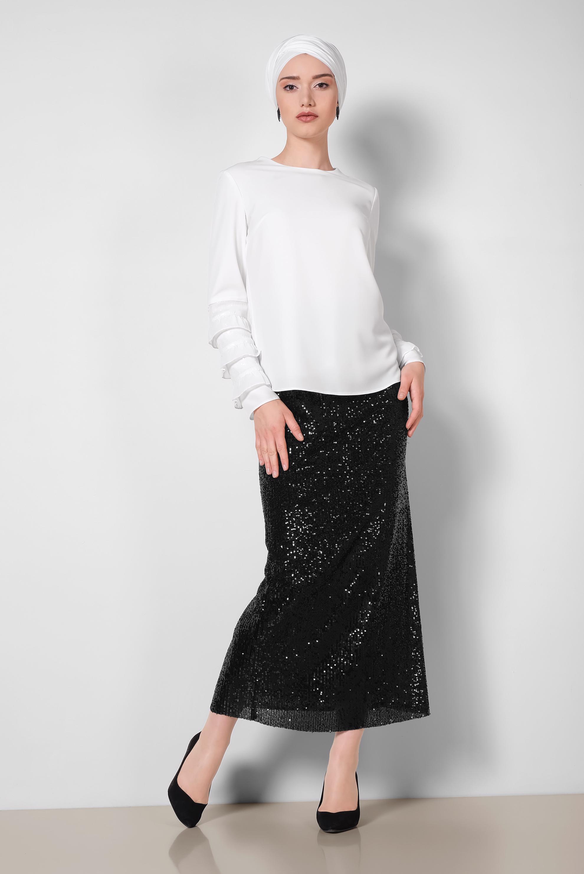 Tesettür giyim BEYAZ KOL KISMI PUL PAYET İŞLEMELİ BLUZ 4205