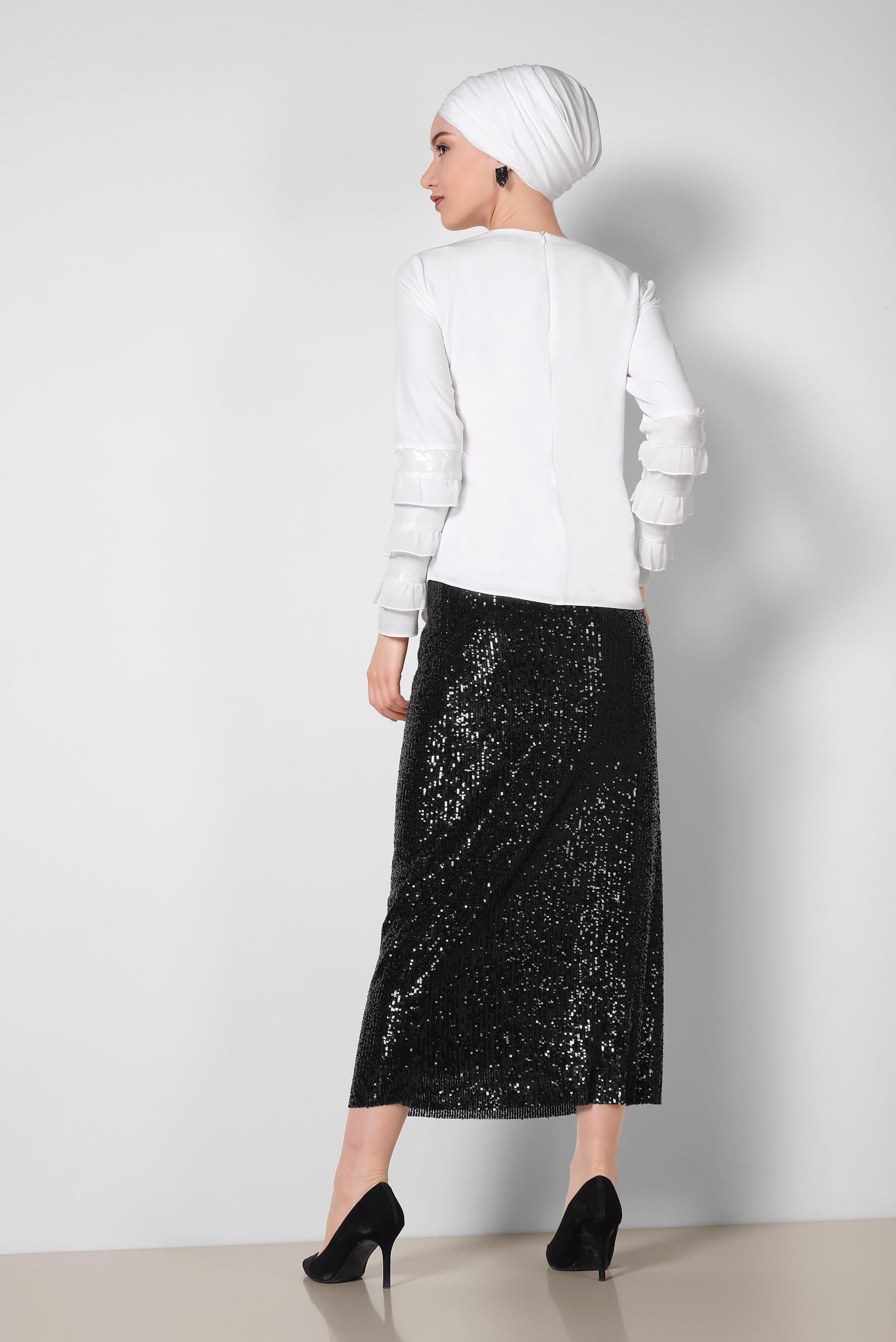 Tesettür giyim BEYAZ KOL KISMI PUL PAYET İŞLEMELİ BLUZ 4205