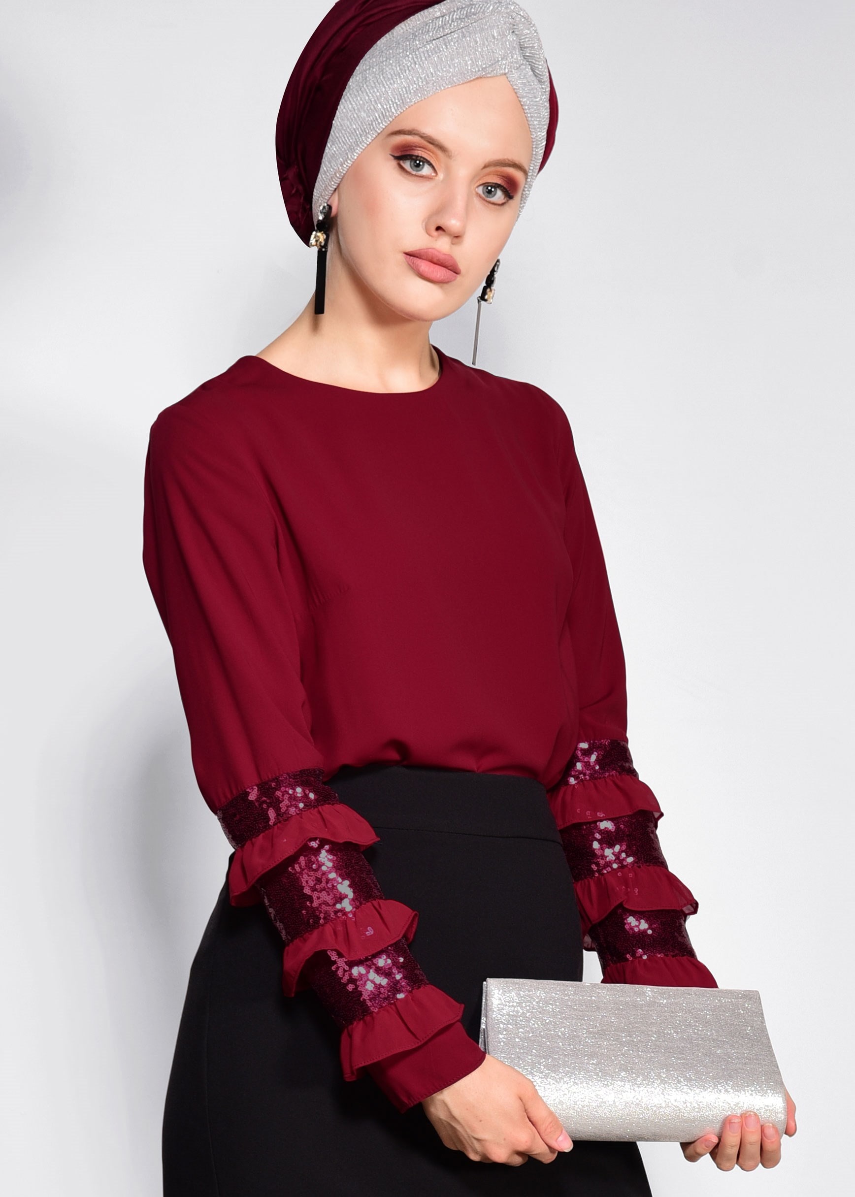Tesettür giyim BORDO KOL KISMI PUL PAYET İŞLEMELİ BLUZ 4205