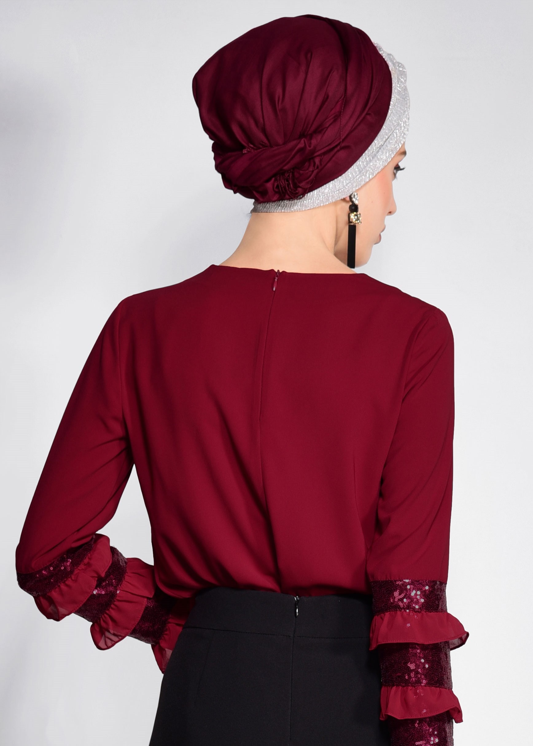 Tesettür giyim BORDO KOL KISMI PUL PAYET İŞLEMELİ BLUZ 4205