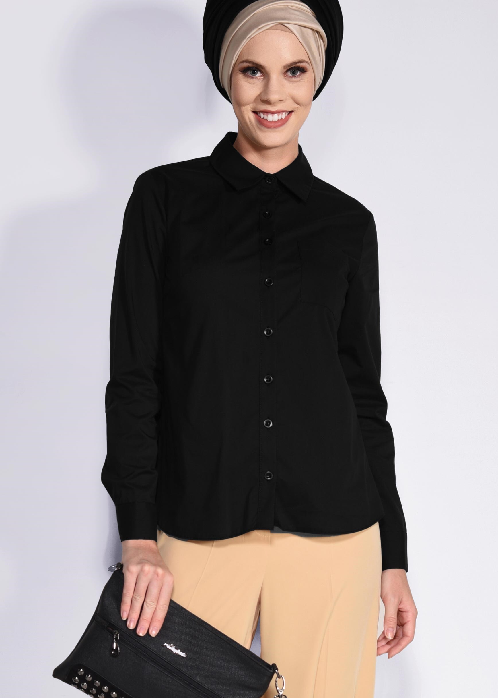 Tesettür giyim SİYAH  DÜĞME DETAYLI BLUZ 4337