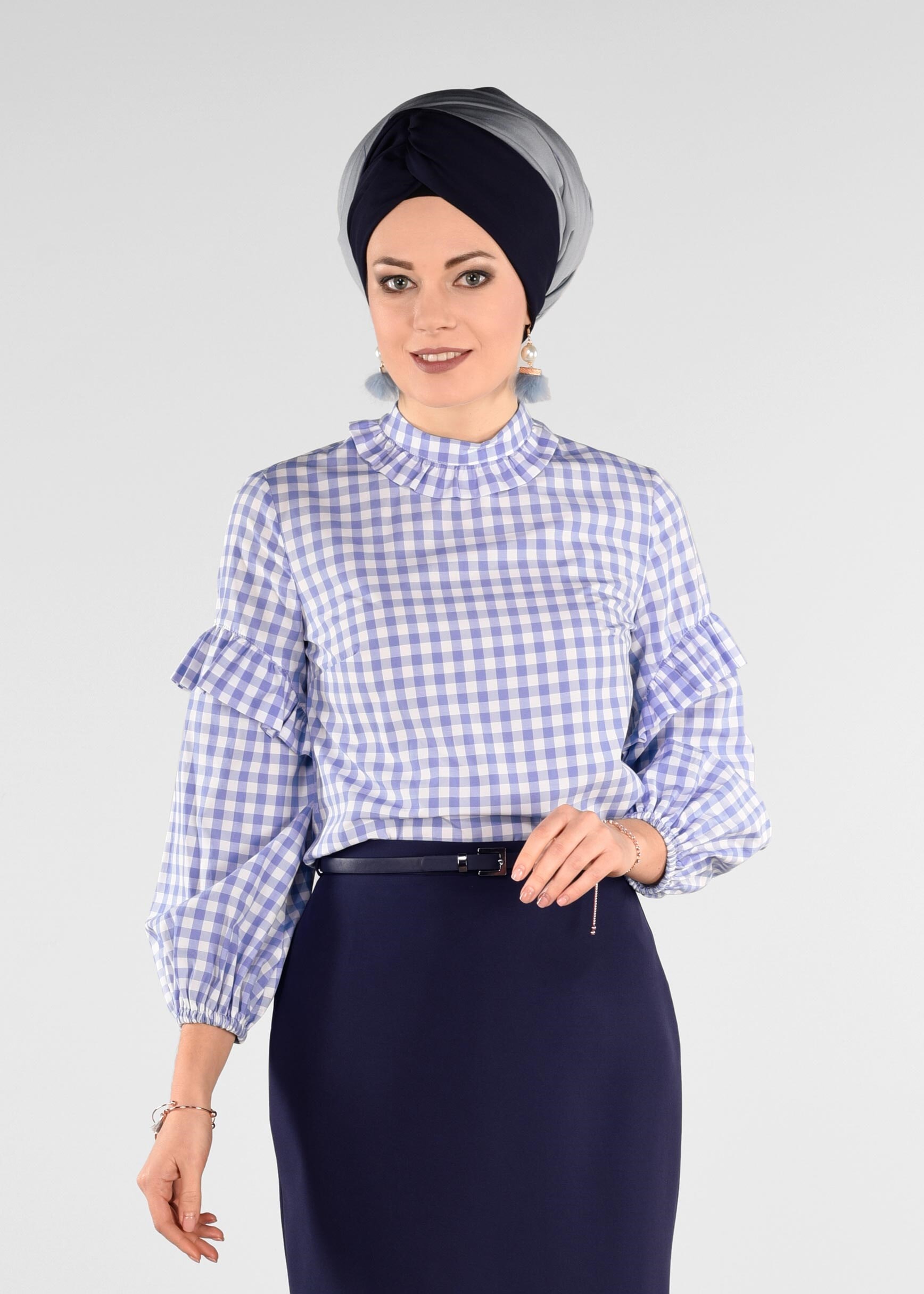 Tesettür giyim MAVİ 4927 KİNG EKOSE 4213 BLUZ 36/42 TEK38