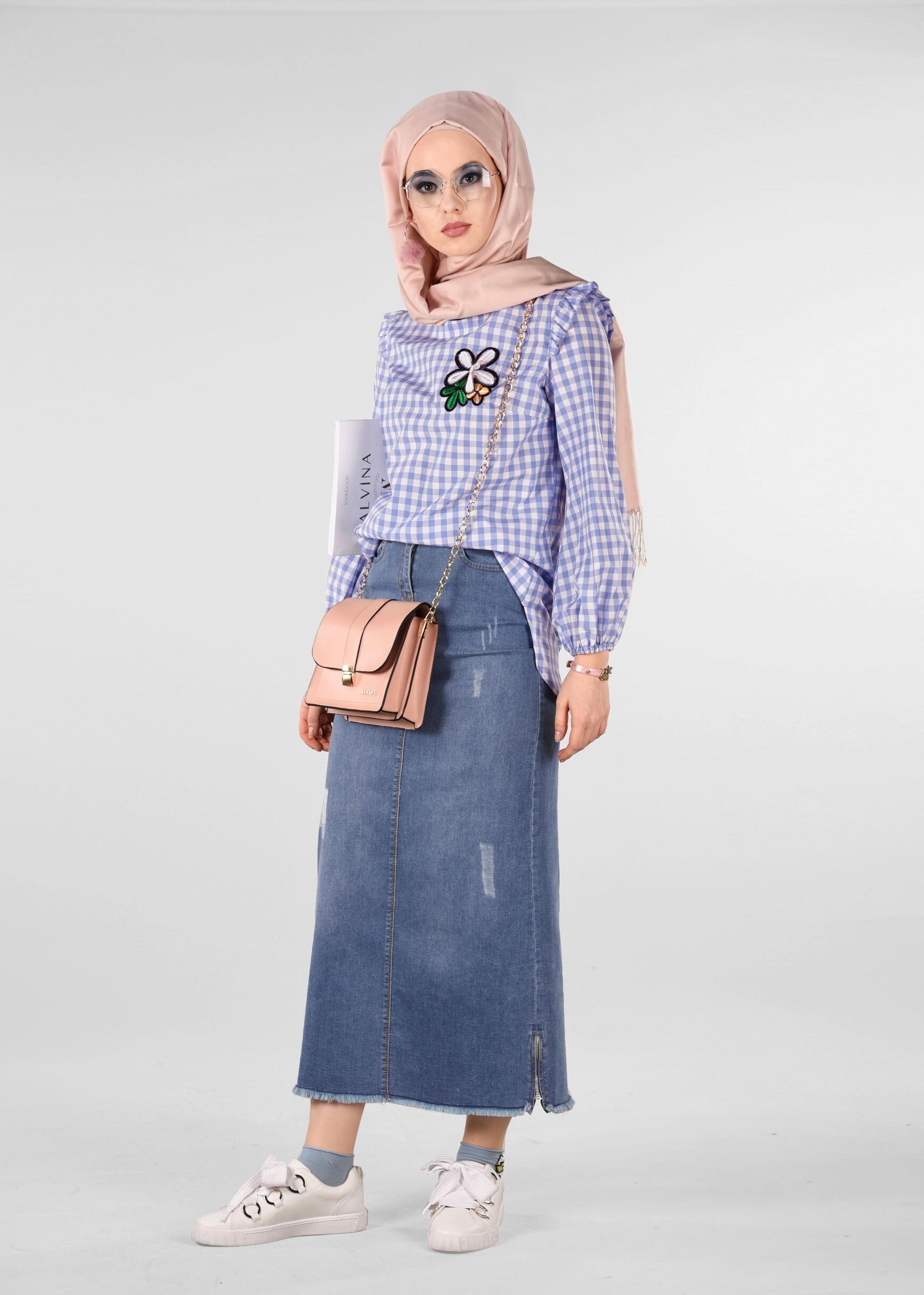 Tesettür giyim MAVİ 4930 KİNG EKOSE 4213 BLUZ 36/42 TEK38