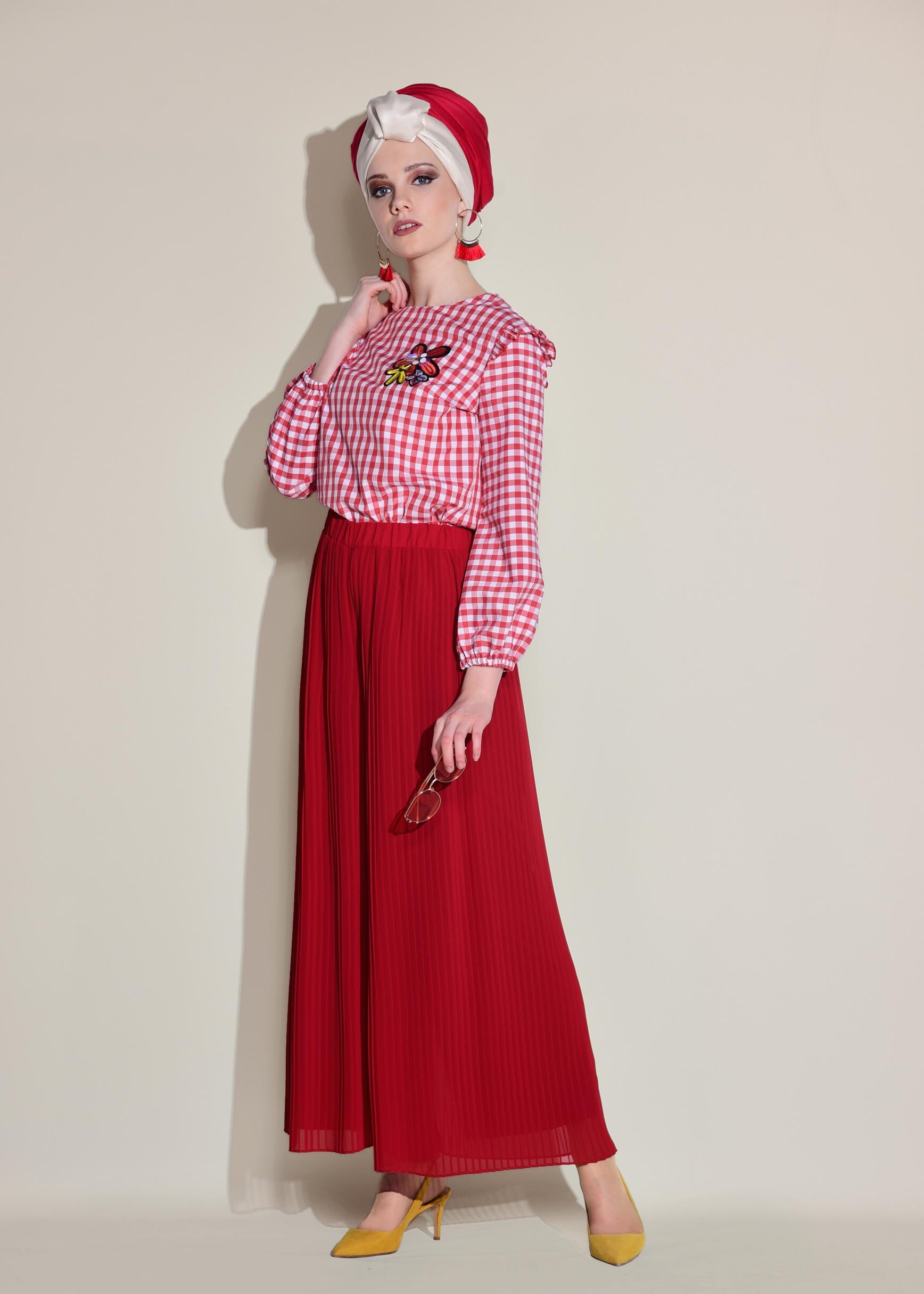 Tesettür giyim KIRMIZI 4930 KİNG EKOSE 4213 BLUZ 36/42 TEK38