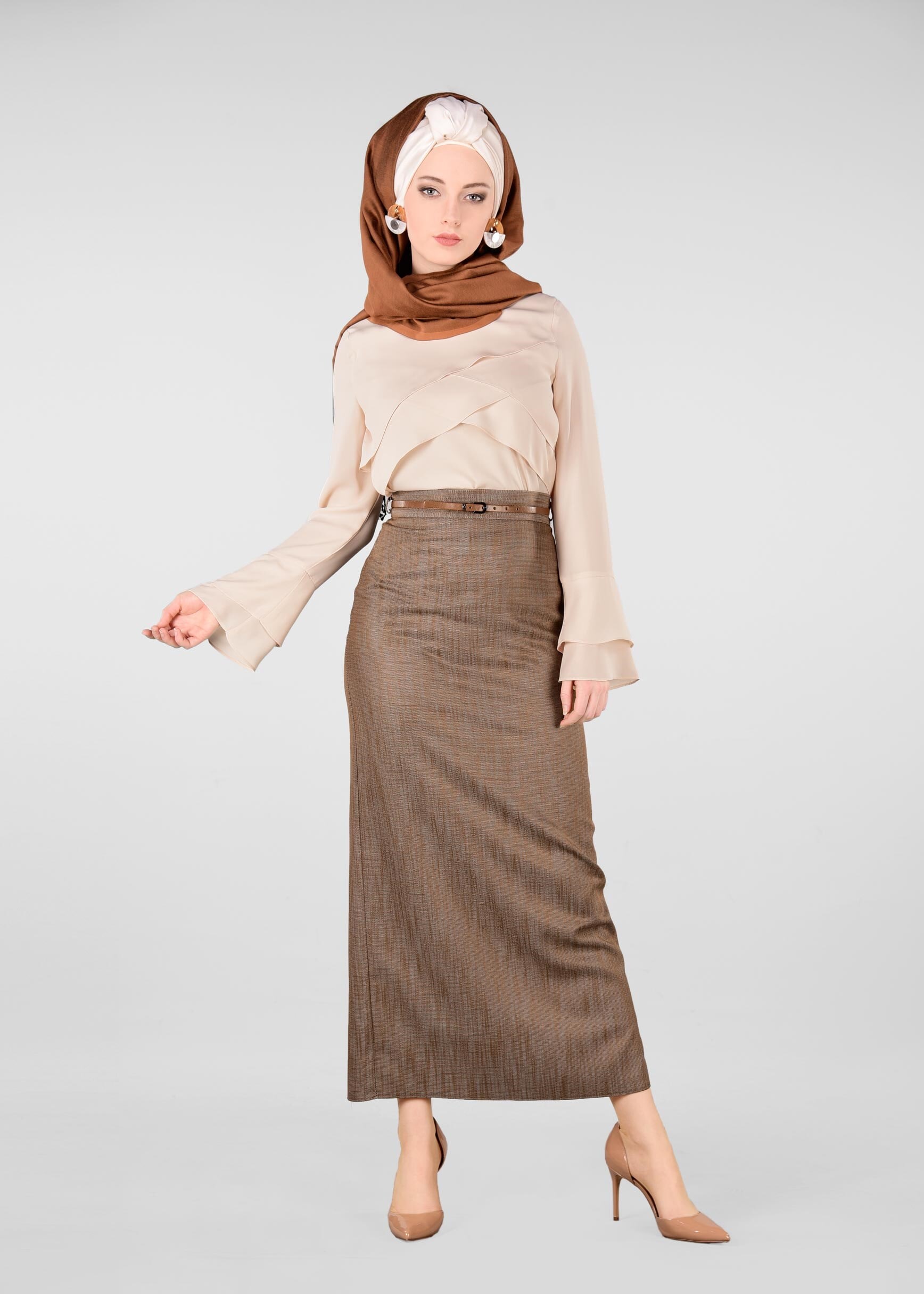 Tesettür giyim BEJ GENİŞ KOL BLUZ 4962