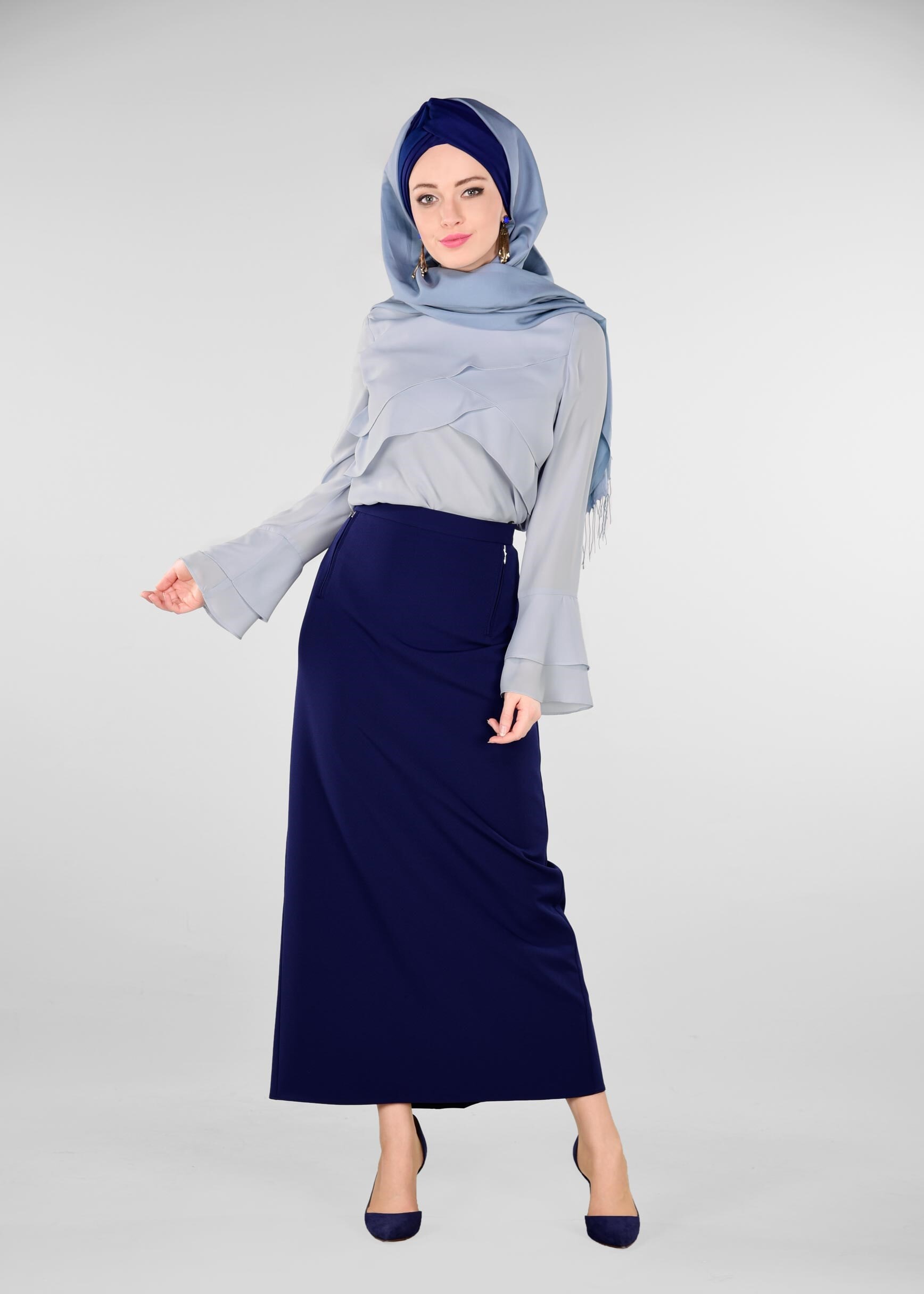 Tesettür giyim MAVİ GENİŞ KOL BLUZ 4962