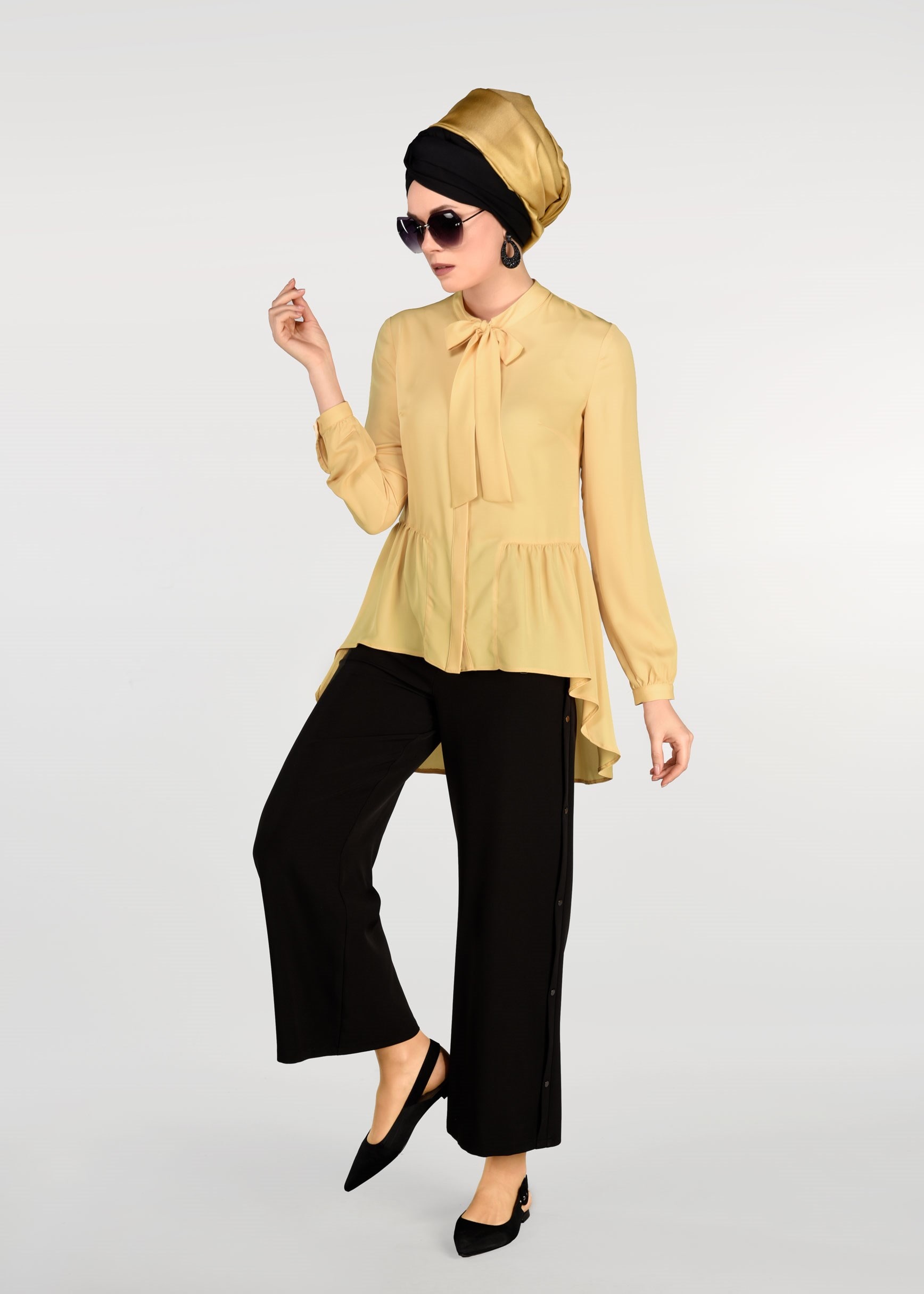 Tesettür giyim SARI FİYONK YAKA FIRFIRLI BLUZ 4976