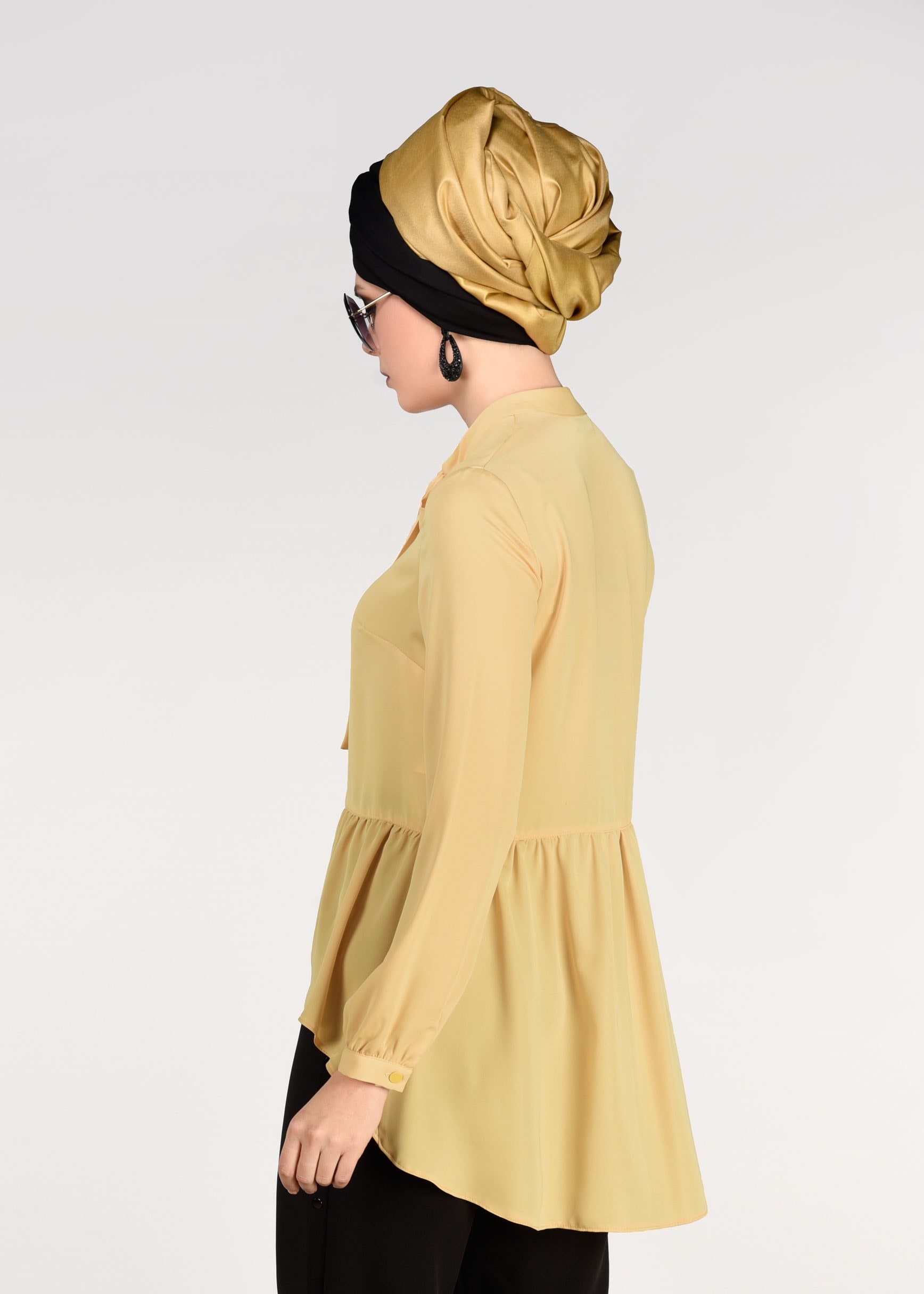 Tesettür giyim SARI FİYONK YAKA FIRFIRLI BLUZ 4976