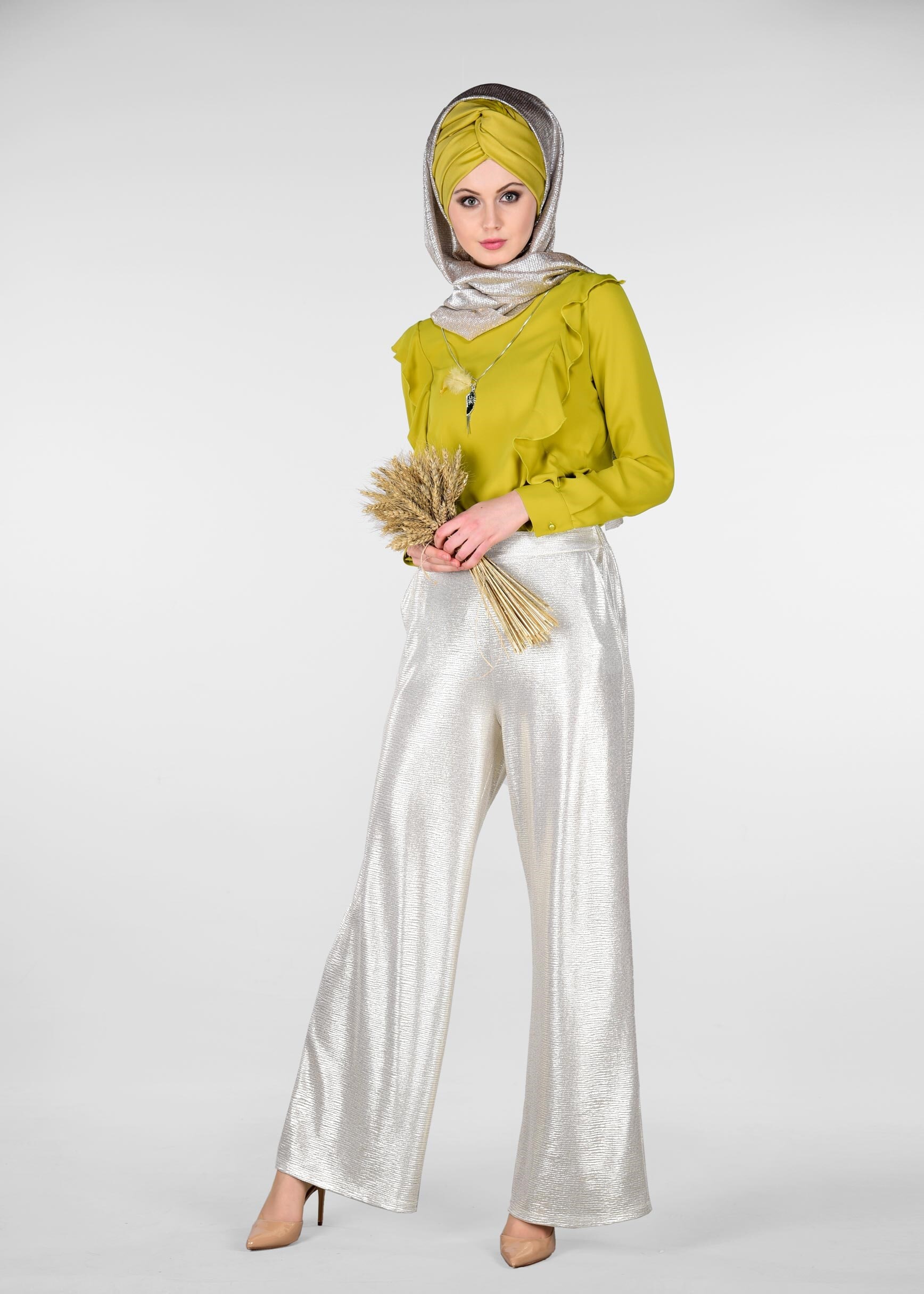 Tesettür giyim YEŞİL FIRFIR DETAYLI BLUZ 4981