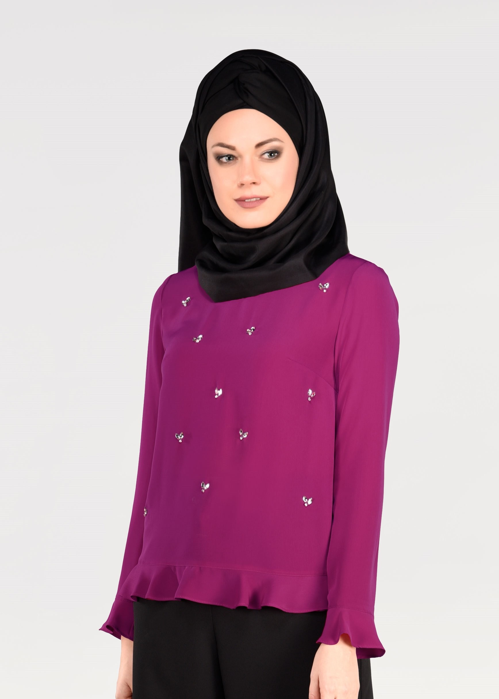Tesettür giyim FUŞYA BONCUK İŞLEMELİ BLUZ 4984