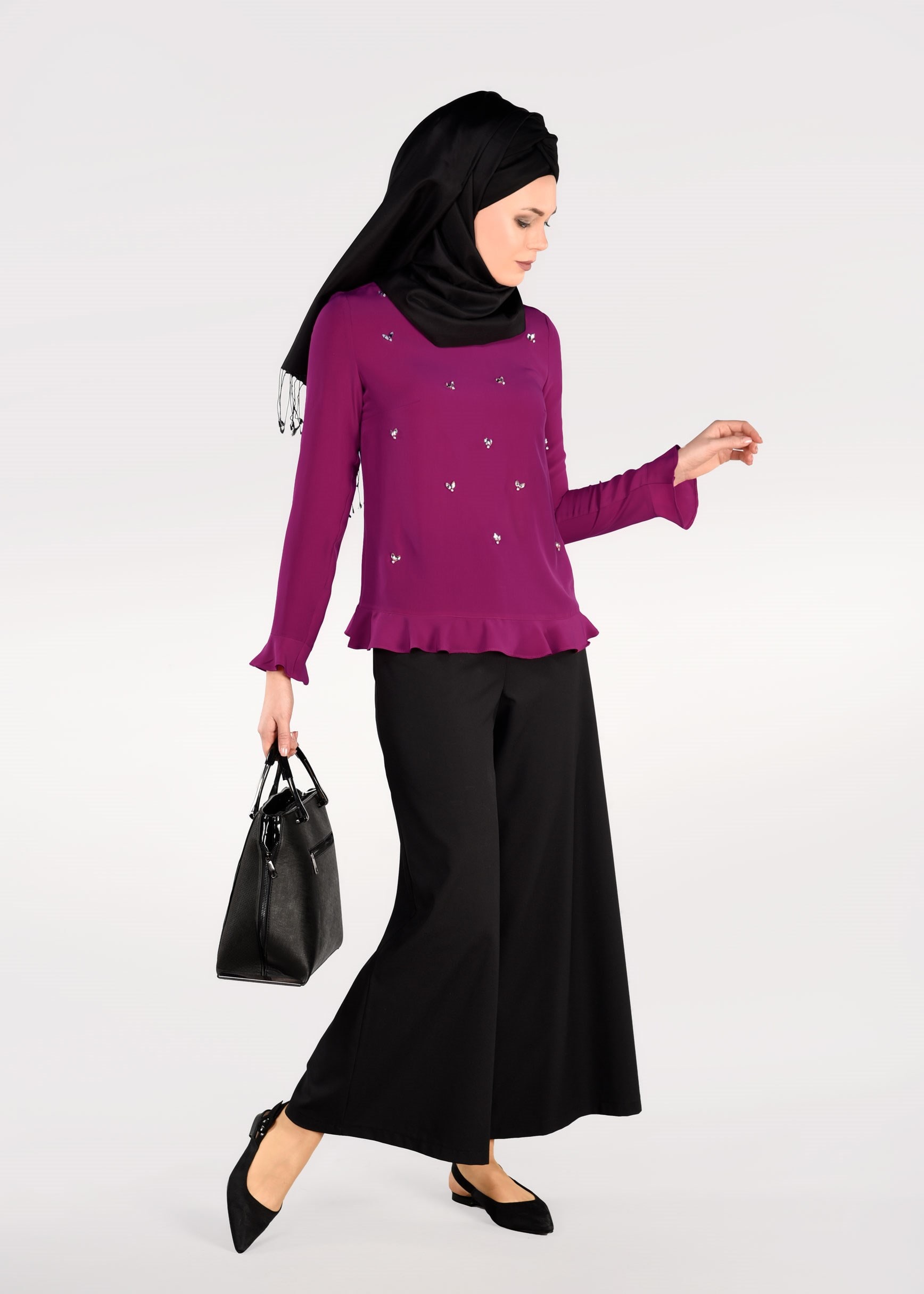 Tesettür giyim FUŞYA BONCUK İŞLEMELİ BLUZ 4984