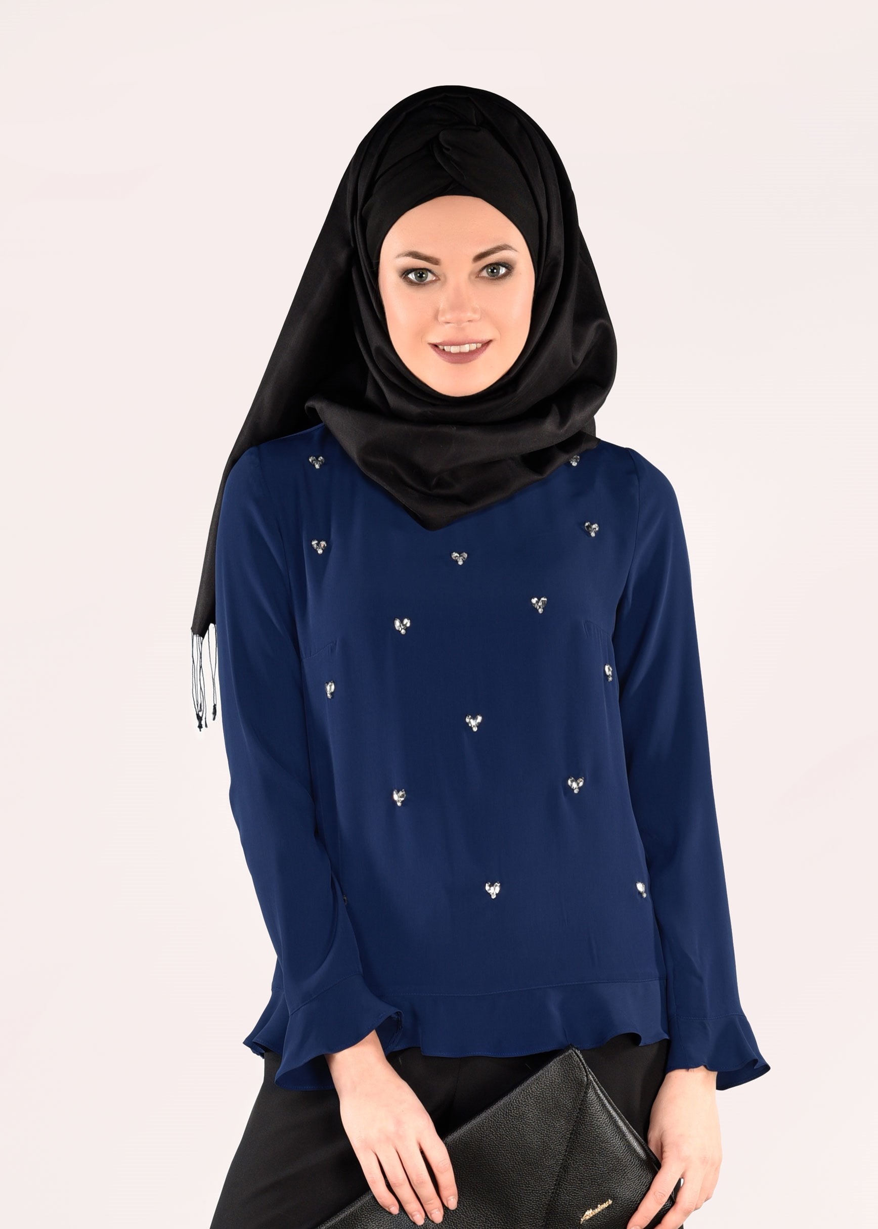 Tesettür giyim LACİVERT BONCUK İŞLEMELİ BLUZ 4984
