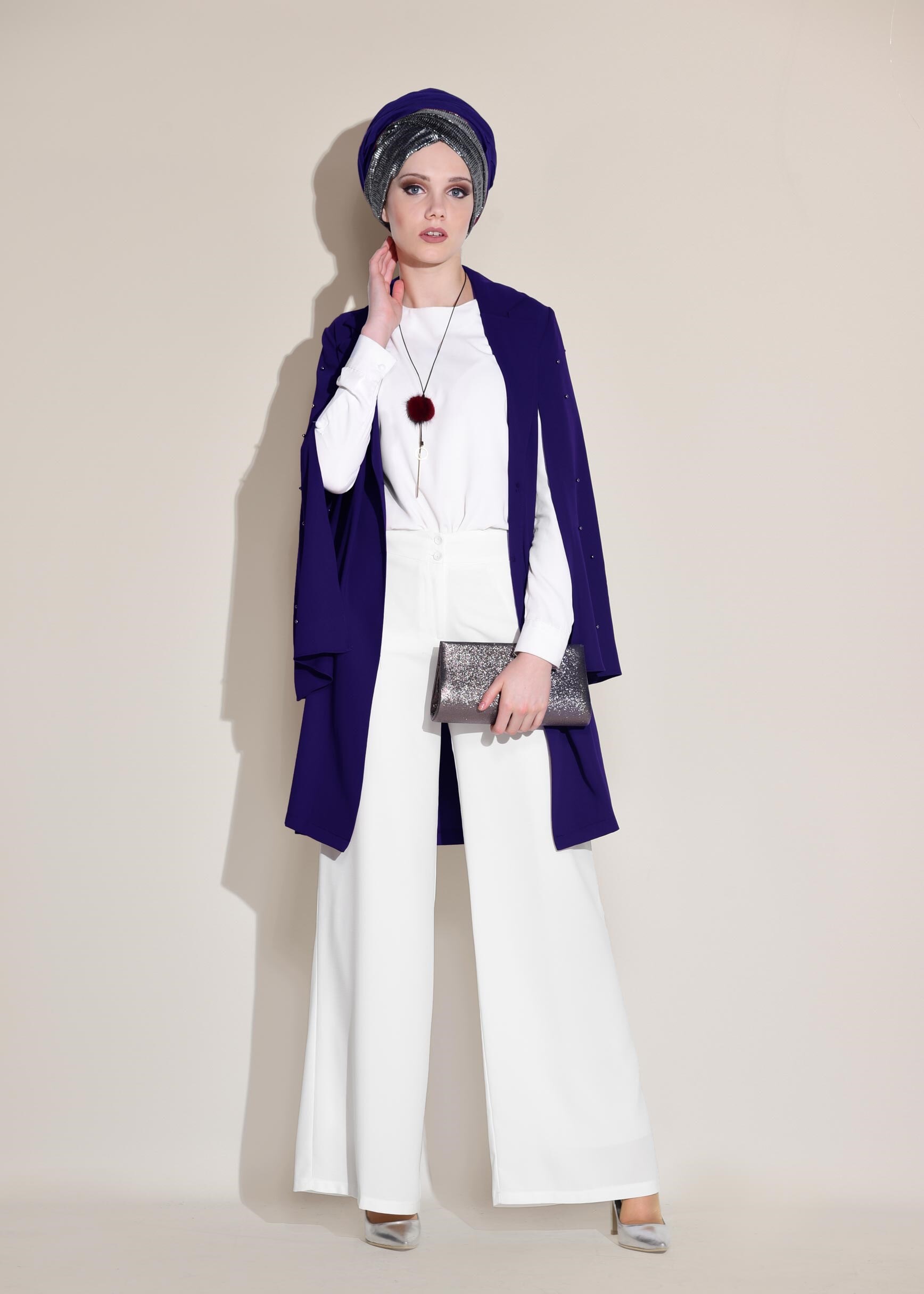 Tesettür giyim LACİVERT KRUVAZE YAKA İNCİ DETAYLI CEKET 4025