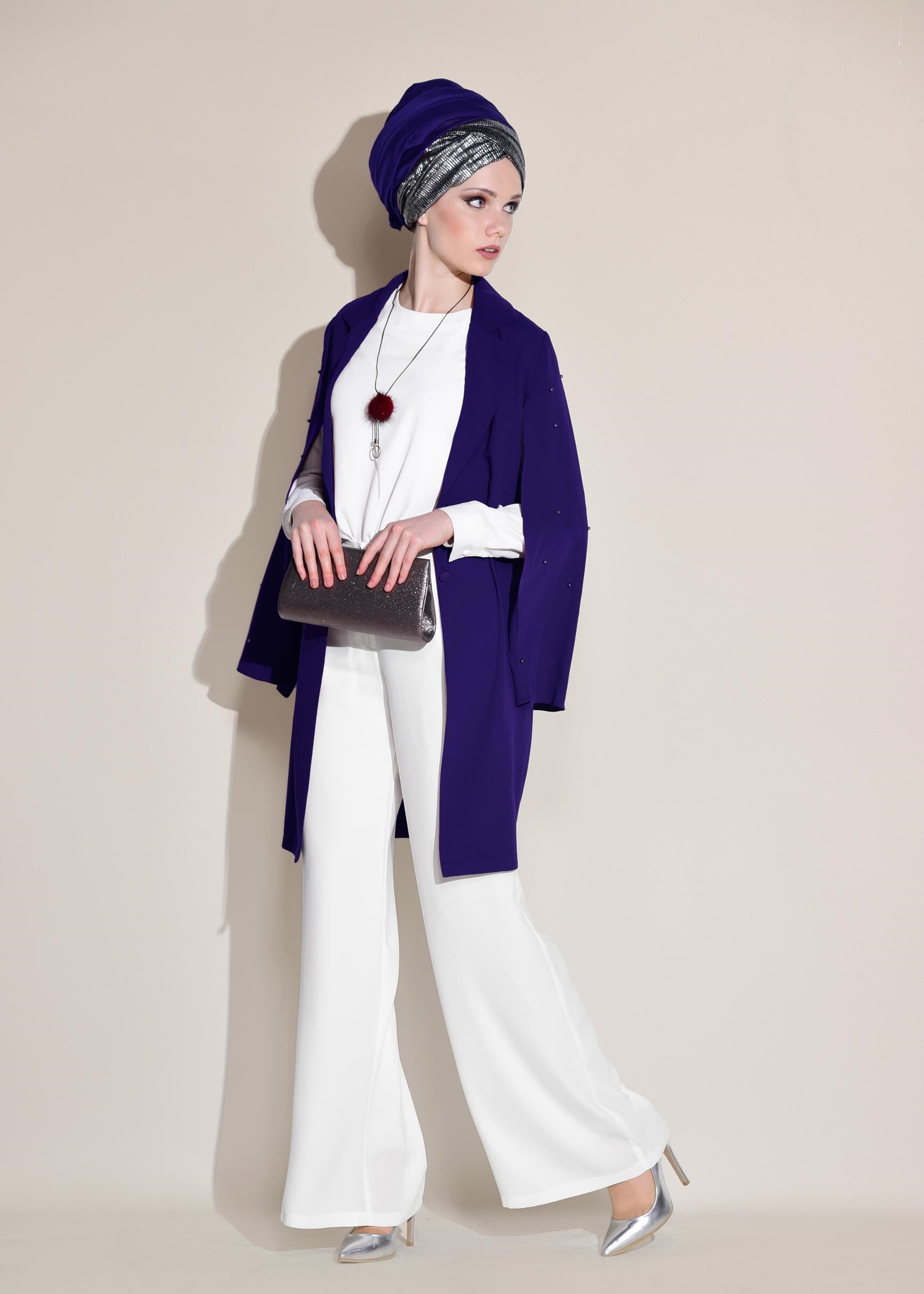 Tesettür giyim LACİVERT KRUVAZE YAKA İNCİ DETAYLI CEKET 4025