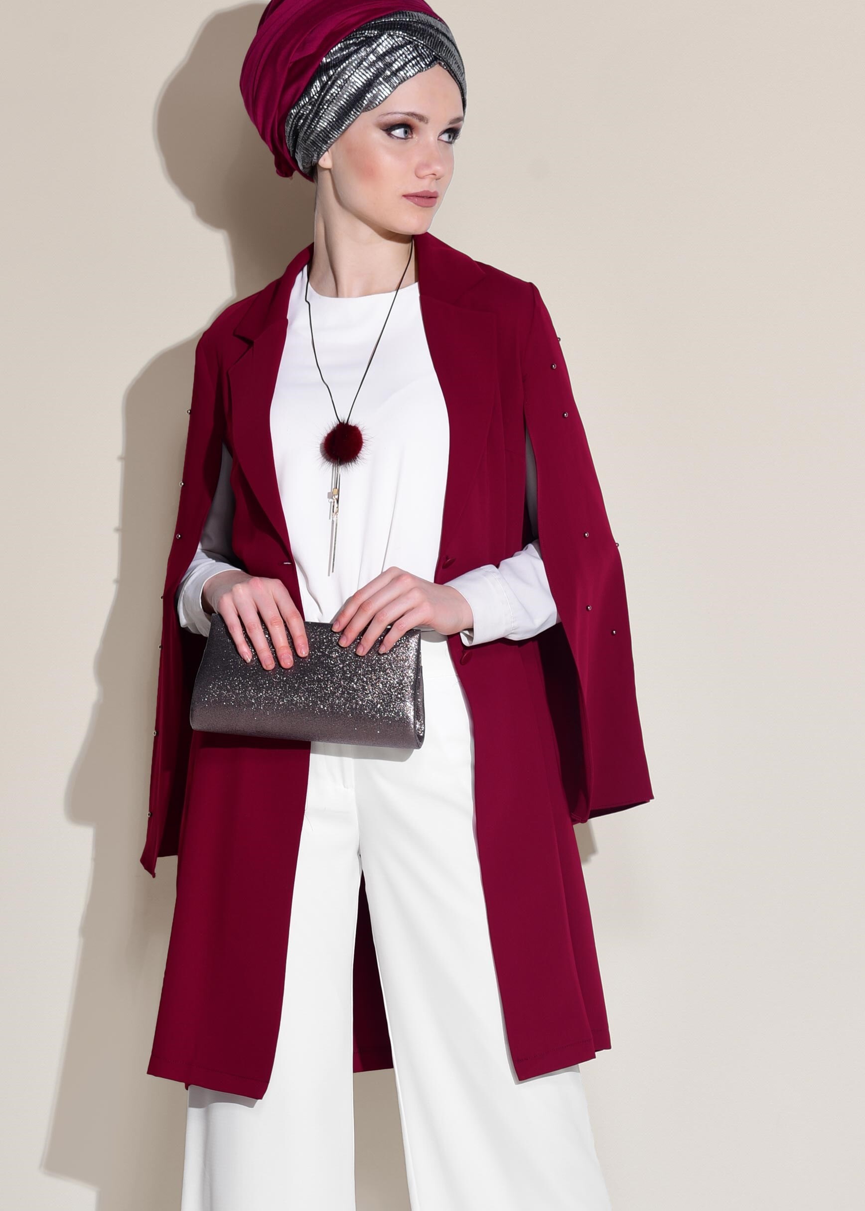 Tesettür giyim MOR KRUVAZE YAKA İNCİ DETAYLI CEKET 4025