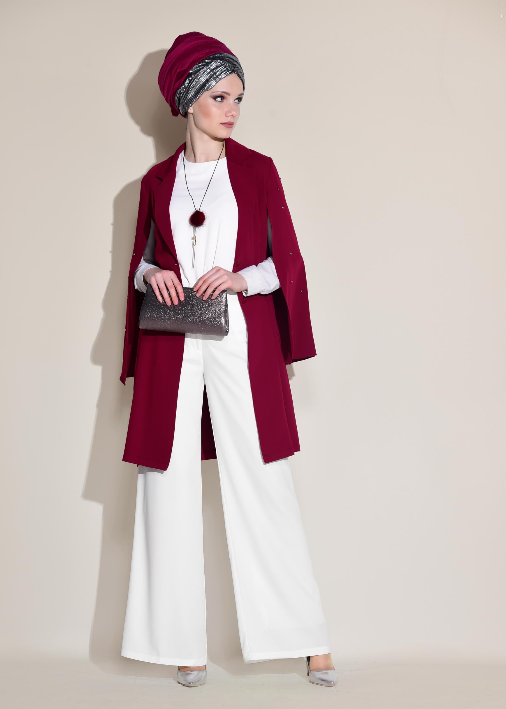 Tesettür giyim MOR KRUVAZE YAKA İNCİ DETAYLI CEKET 4025