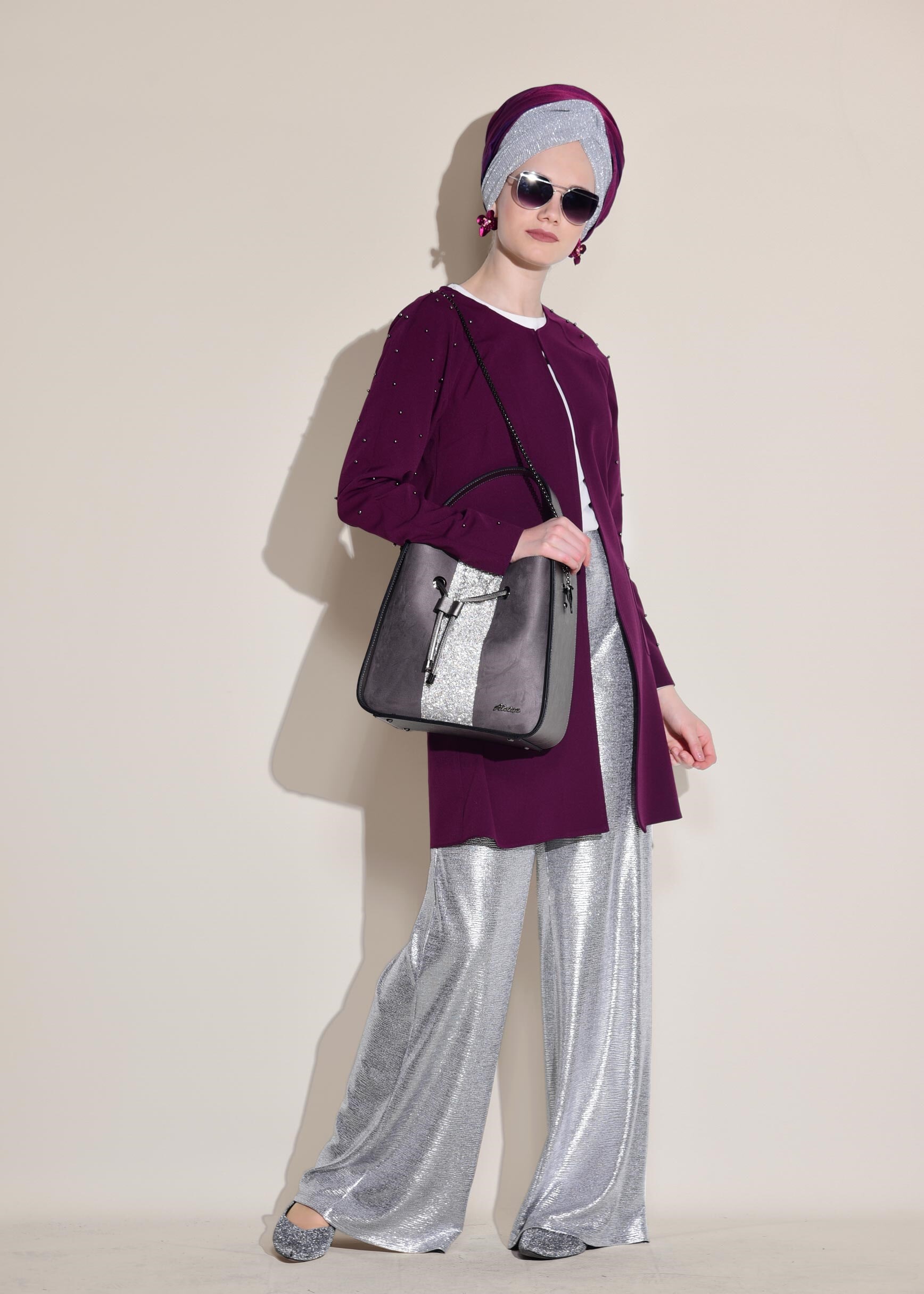 Tesettür giyim MOR YUVARLAK YAKA İNCİ İŞLEMELİ CEKET 4069