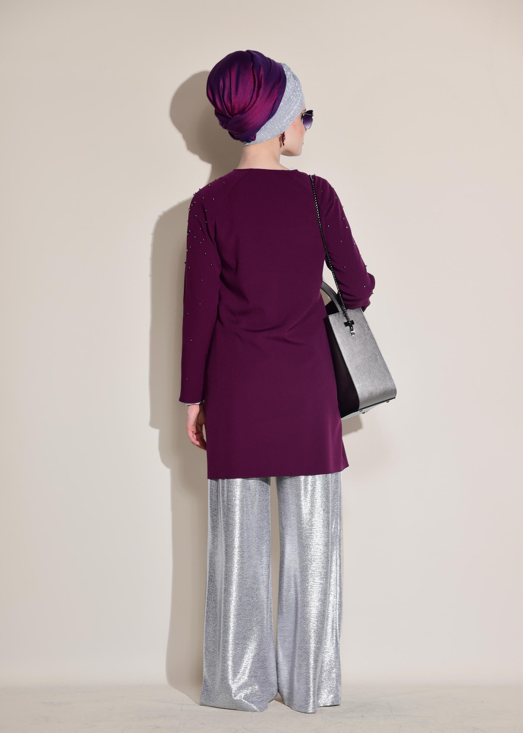 Tesettür giyim MOR YUVARLAK YAKA İNCİ İŞLEMELİ CEKET 4069