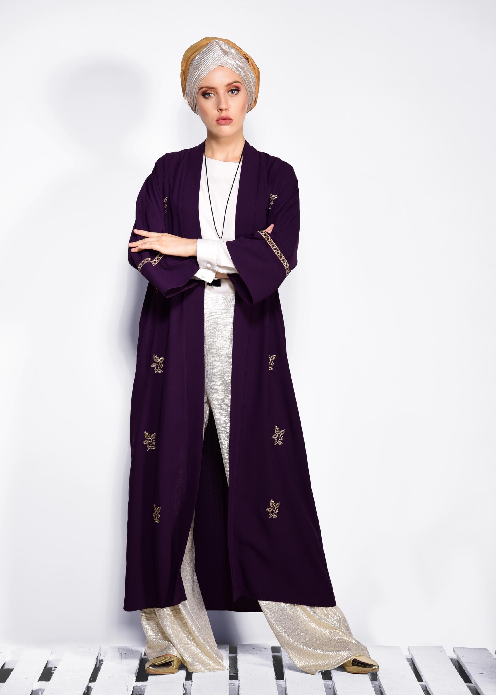 Tesettür giyim MOR NAKIŞ İŞLEMELİ KUŞAKLI CEKET 4092