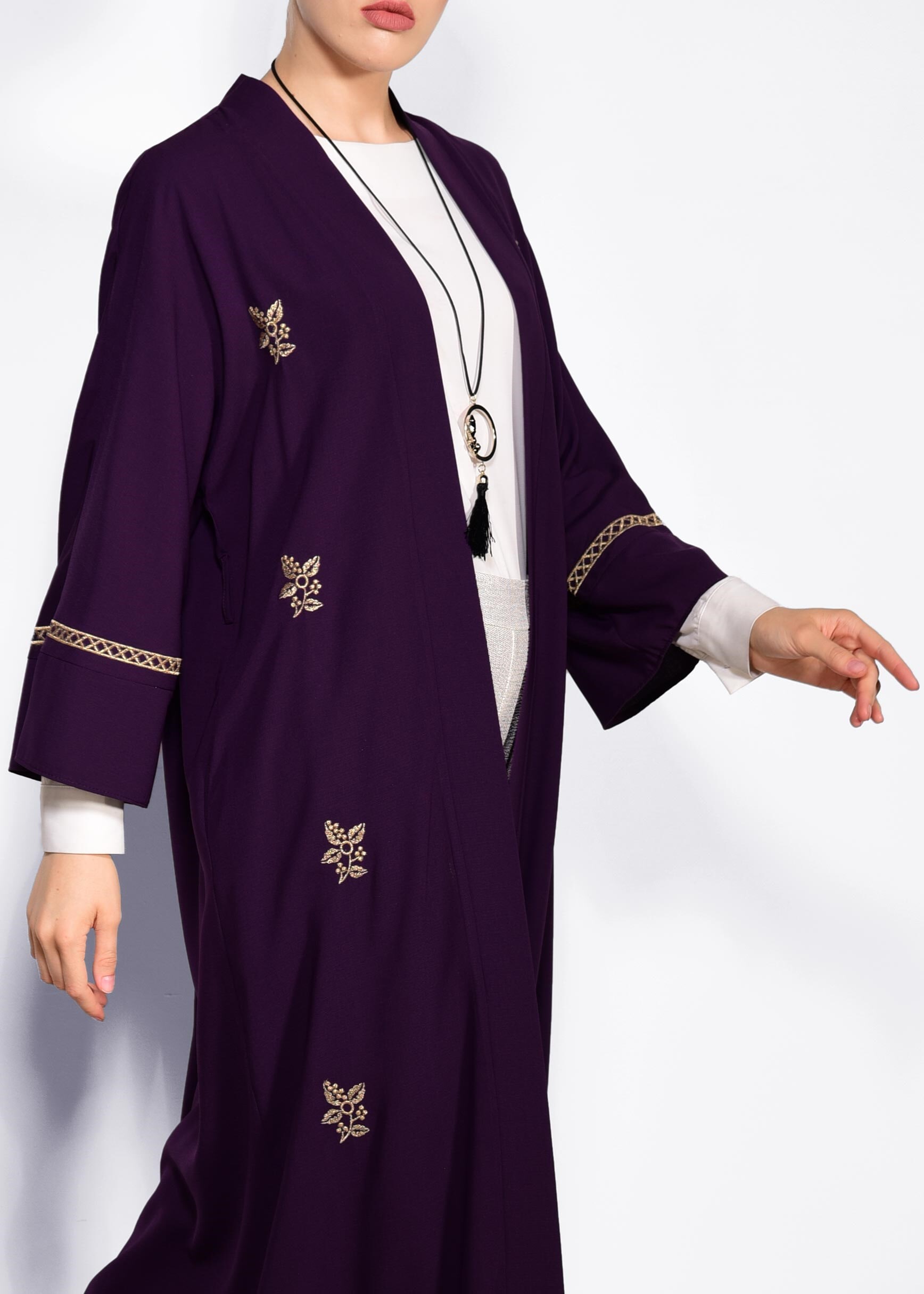 Tesettür giyim MOR NAKIŞ İŞLEMELİ KUŞAKLI CEKET 4092