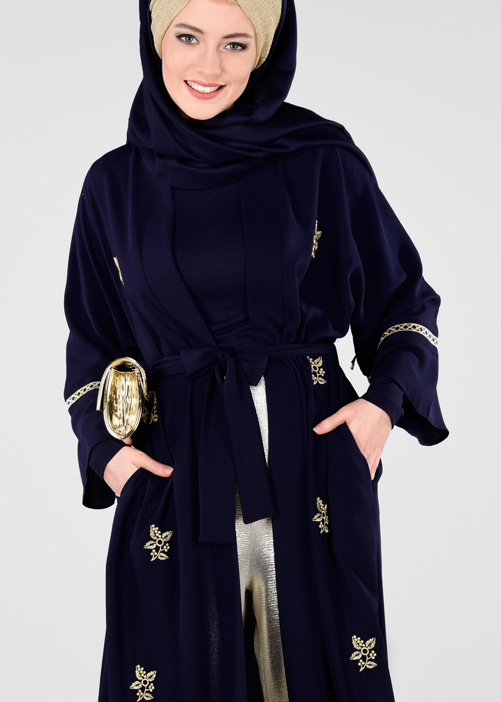 Tesettür giyim LACİVERT NAKIŞ İŞLEMELİ KUŞAKLI CEKET 4092