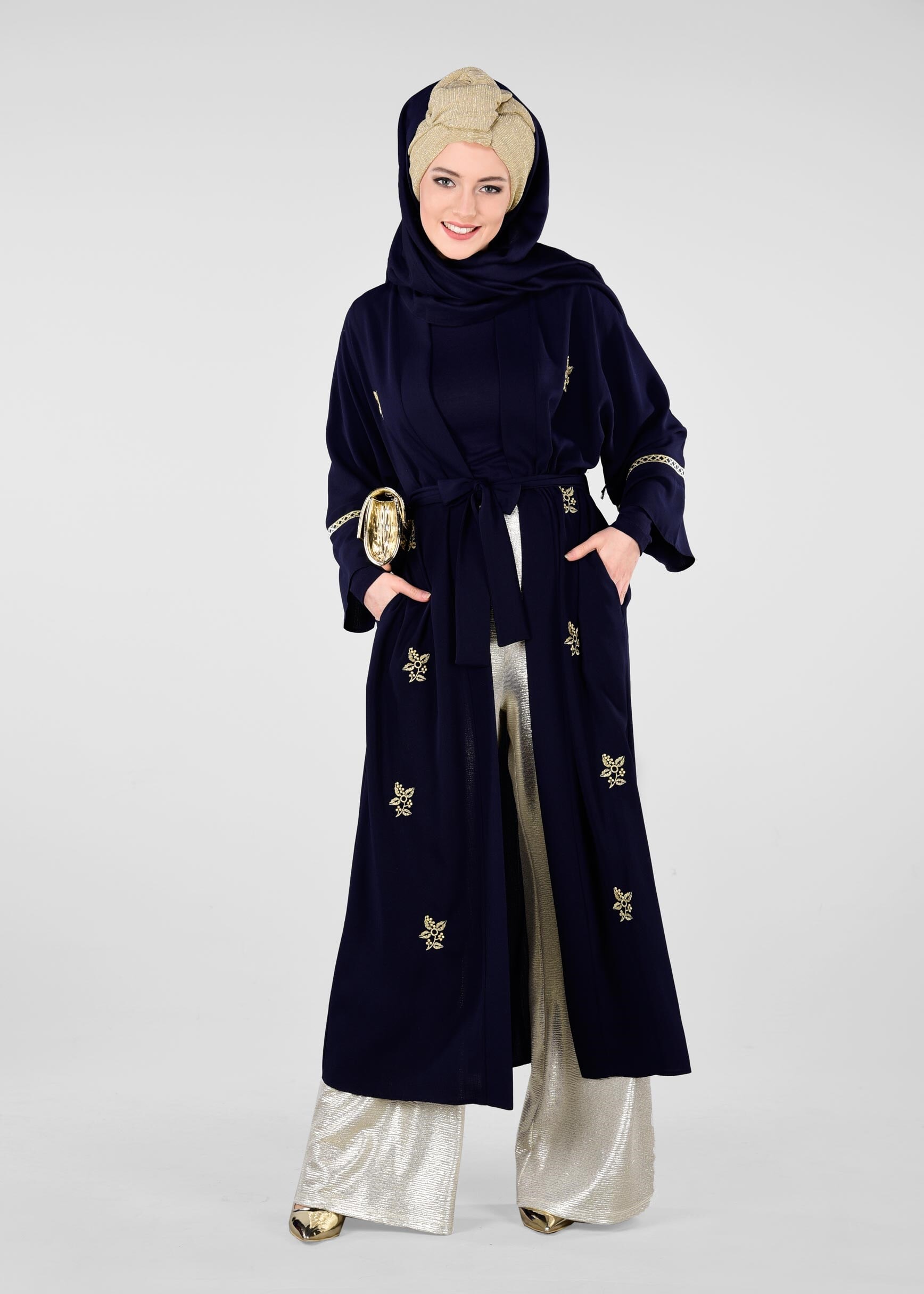Tesettür giyim LACİVERT NAKIŞ İŞLEMELİ KUŞAKLI CEKET 4092