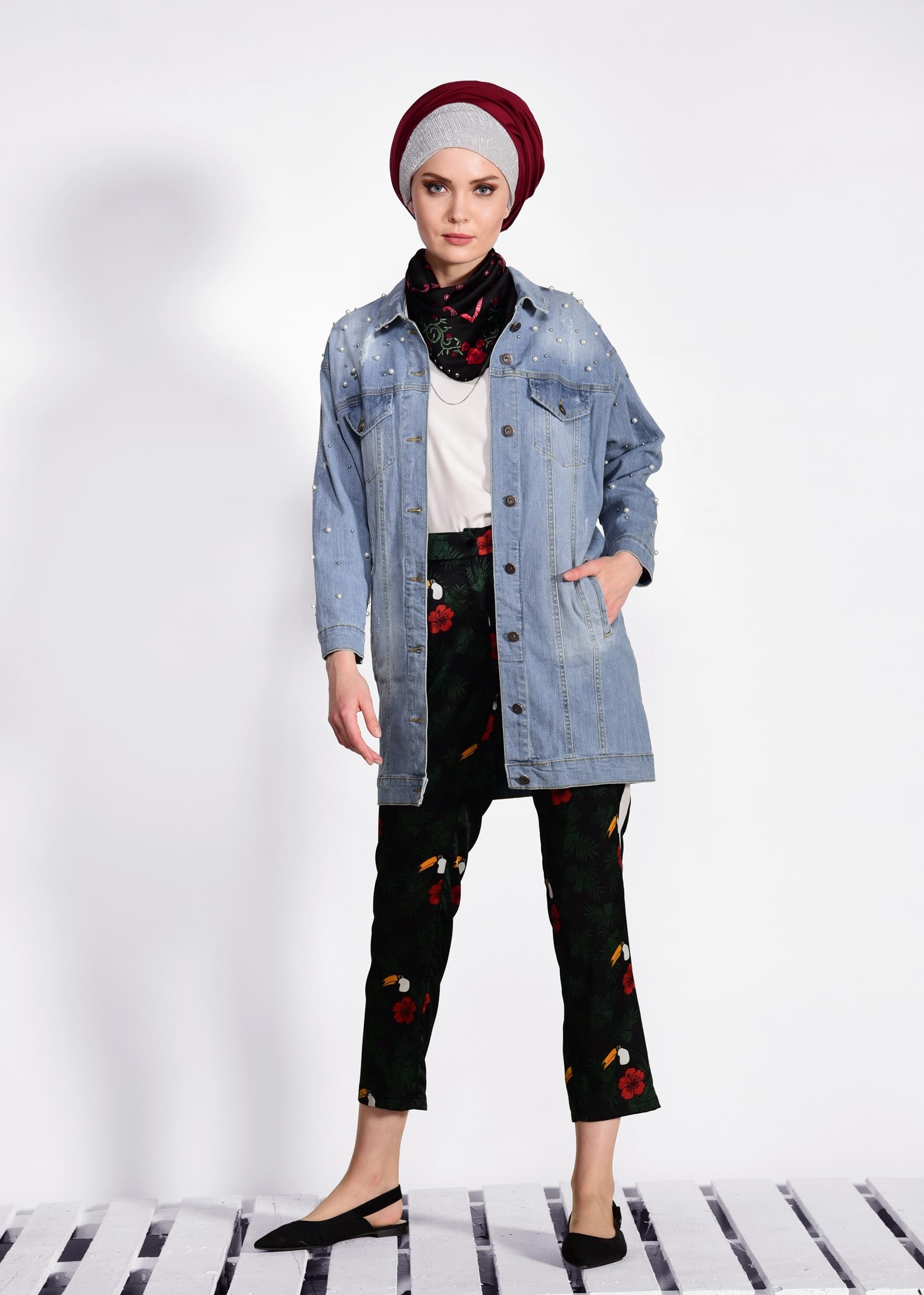 Tesettür giyim MAVİ YARASA KOL İNCİLİ DENİM CEKET 4168